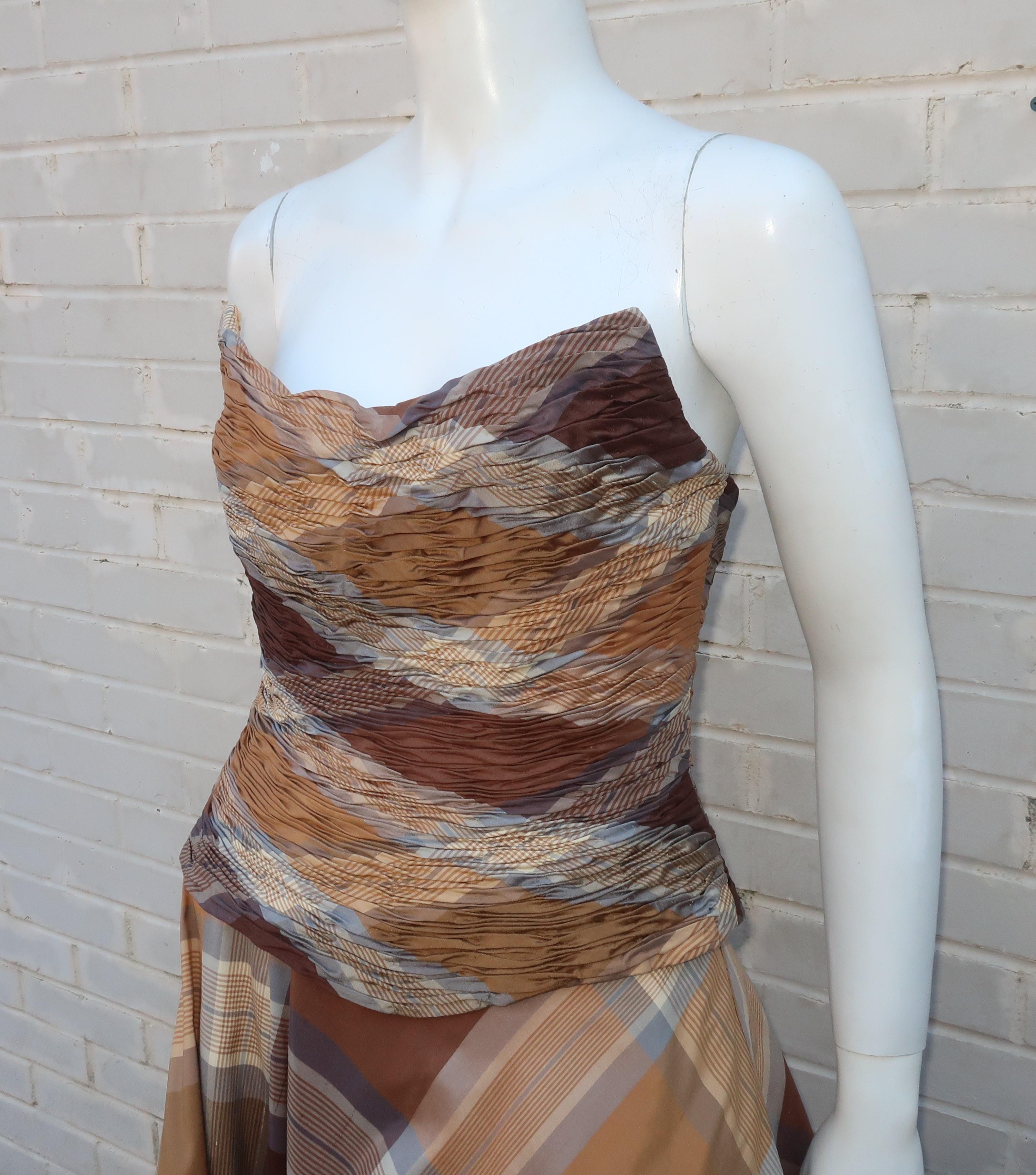 Rose Taft Couture Brown Plaid Silk Evening Dress With Corset Style Bodice  In Good Condition In Atlanta, GA