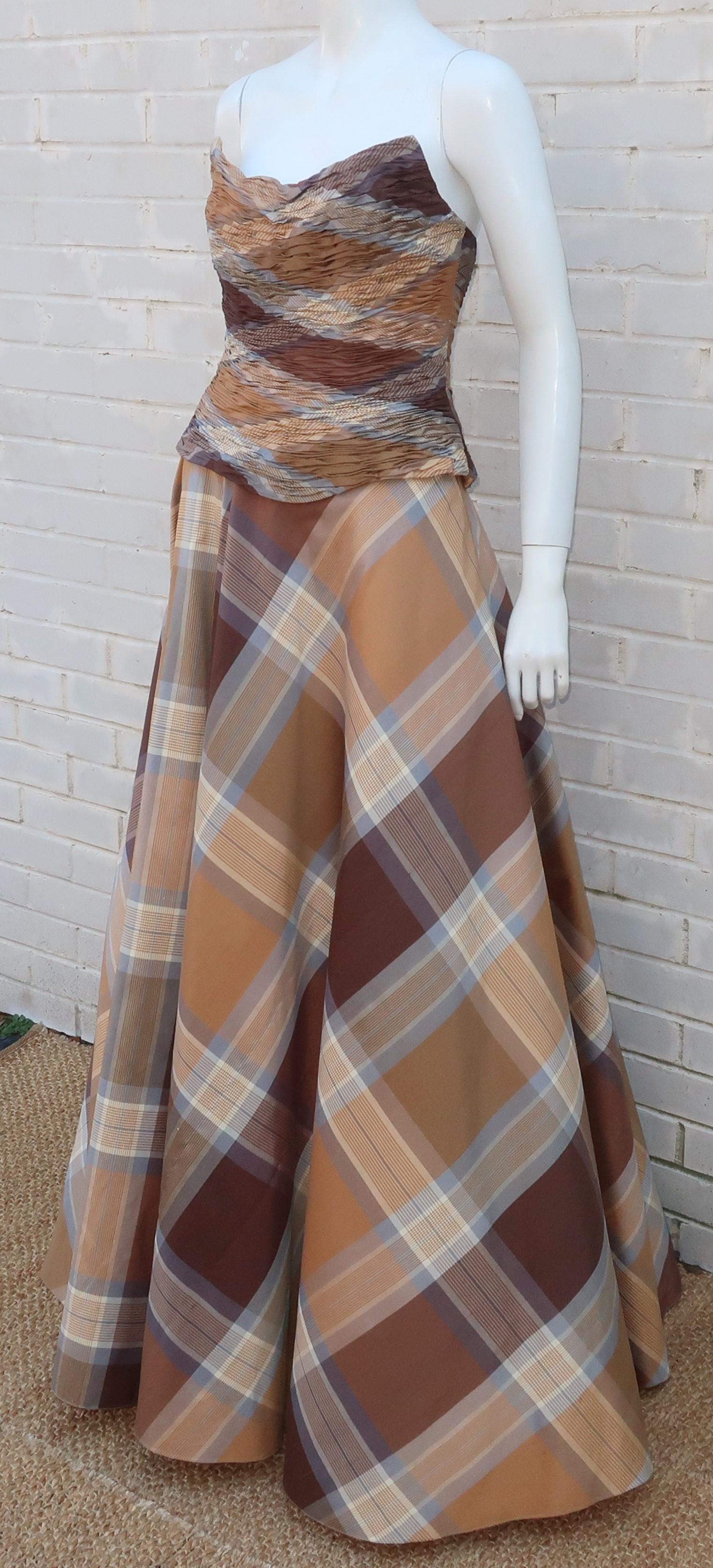 Women's Rose Taft Couture Brown Plaid Silk Evening Dress With Corset Style Bodice 