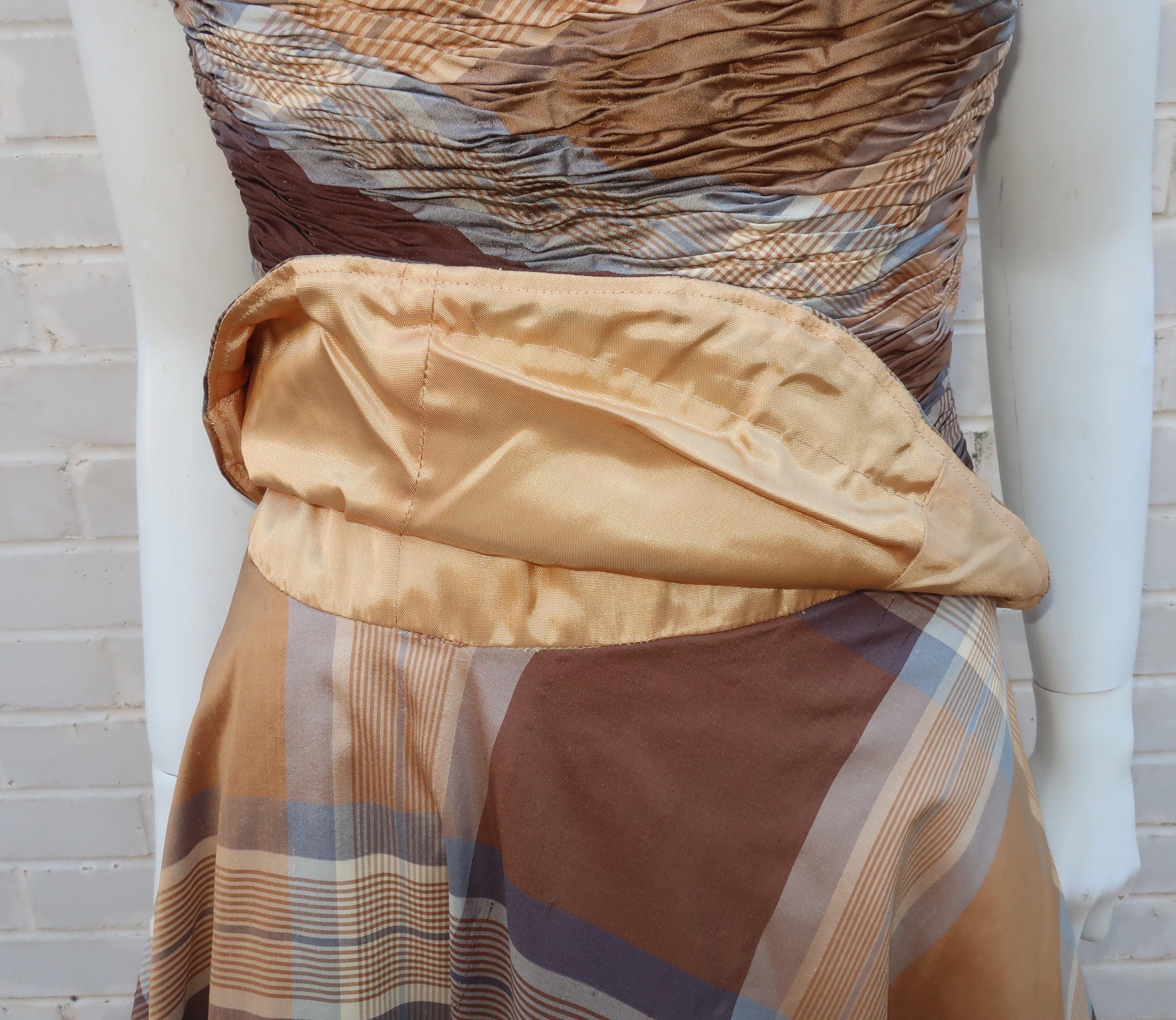 Rose Taft Couture Brown Plaid Silk Evening Dress With Corset Style Bodice  1
