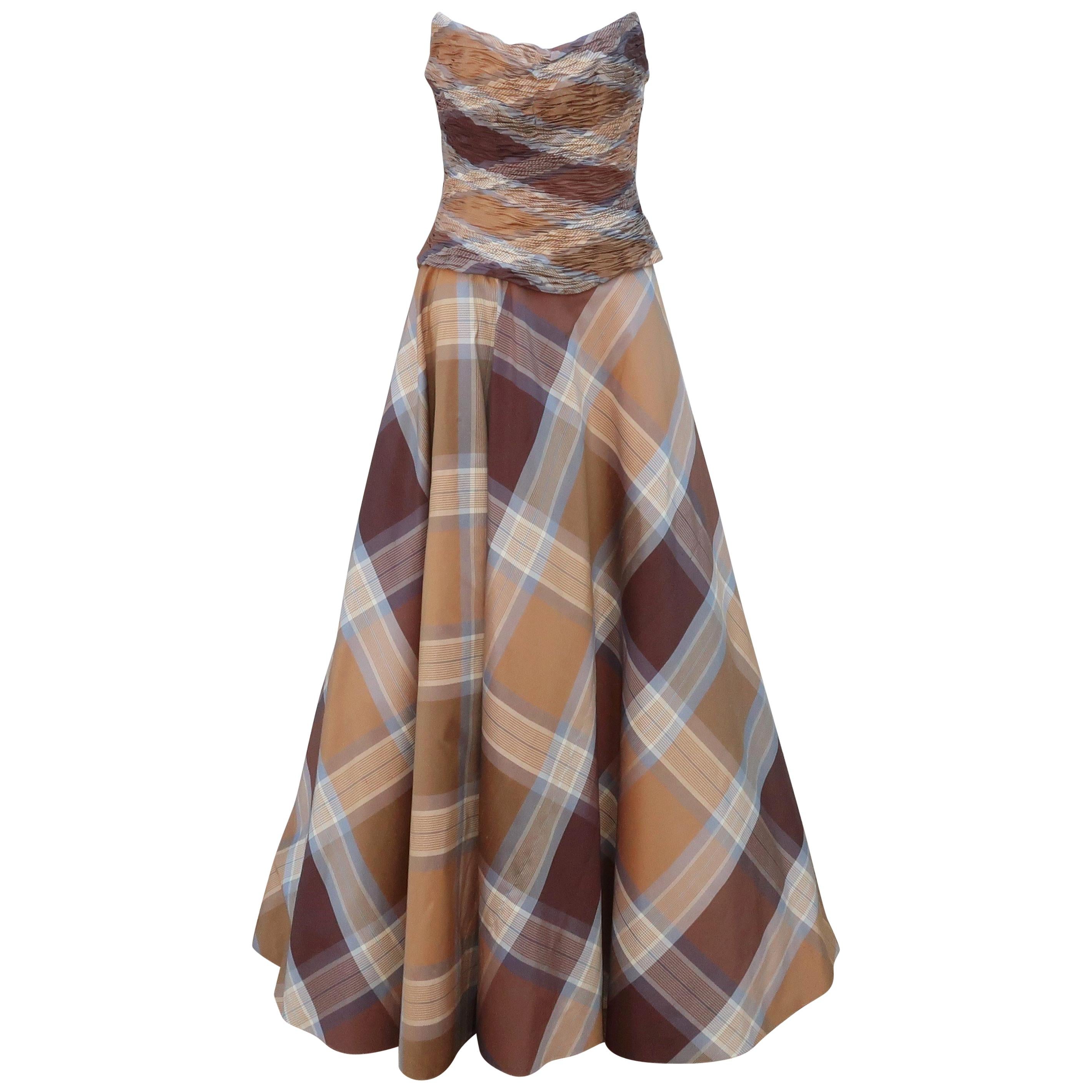 Rose Taft Couture Brown Plaid Silk Evening Dress With Corset Style Bodice 
