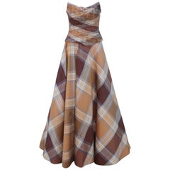 Used Rose Taft Couture Brown Plaid Silk Evening Dress With Corset Style Bodice 