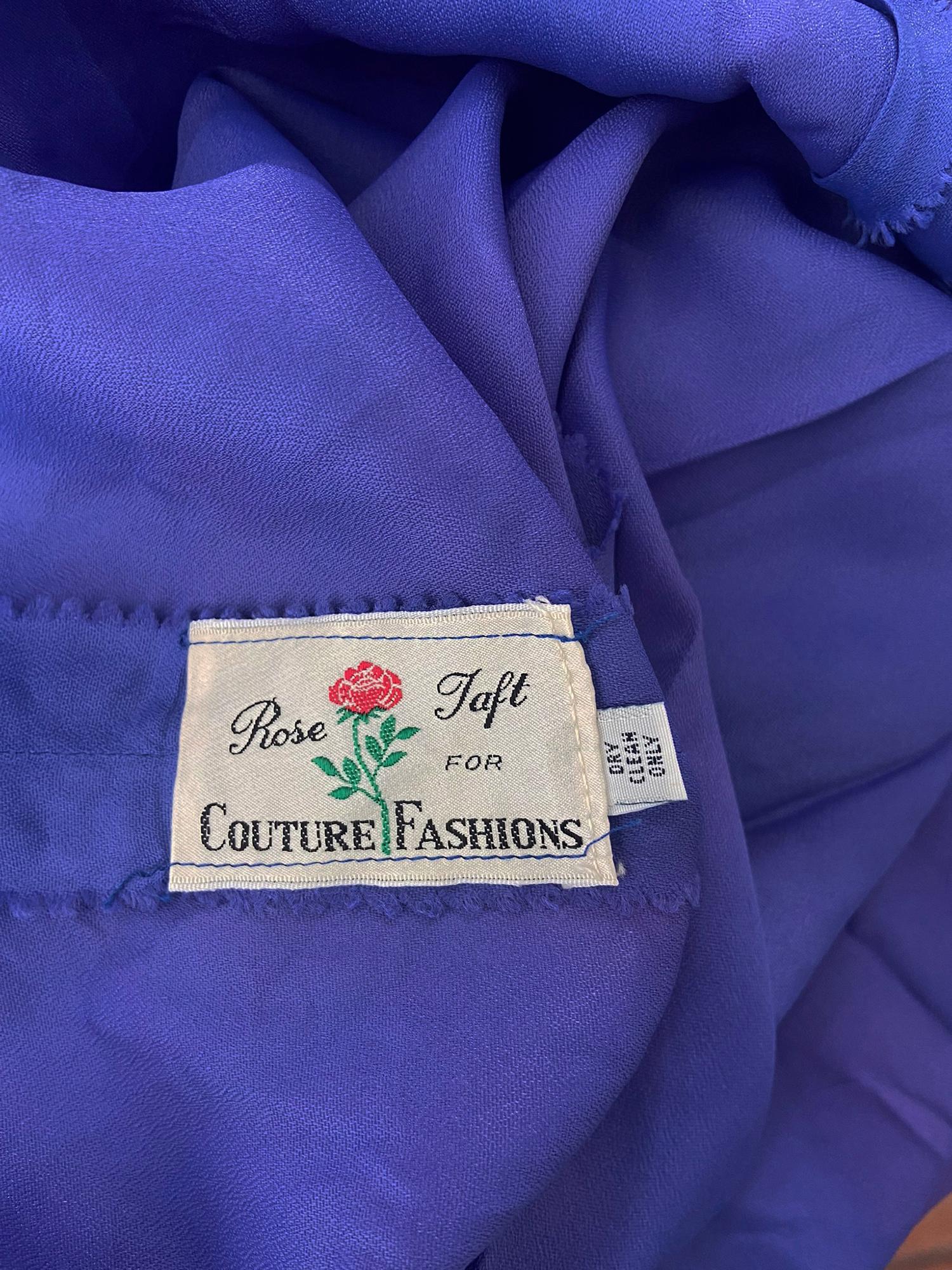 Rose Taft Couture Royal Blue Chiffon Rhinestone Sunburst Evening Gown 1970s For Sale 3
