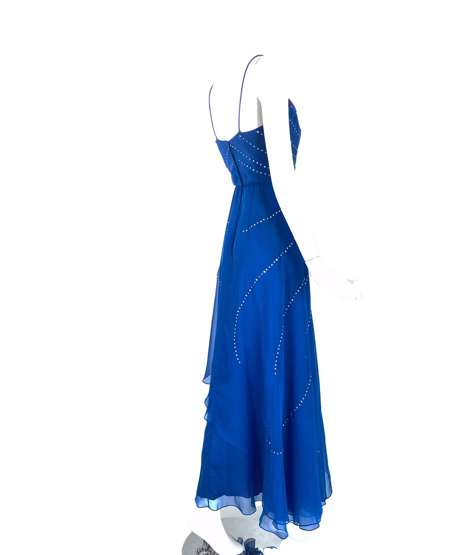 Rose Taft Couture Royal Blue Chiffon Rhinestone Sunburst Evening Gown 1970s In Good Condition For Sale In West Palm Beach, FL