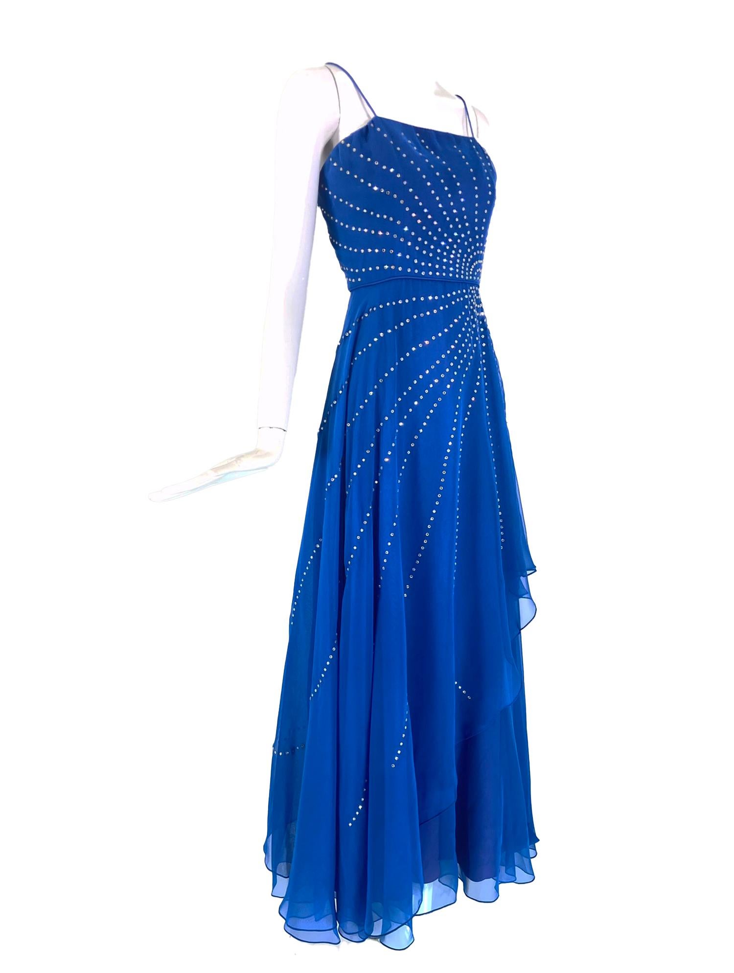 Women's Rose Taft Couture Royal Blue Chiffon Rhinestone Sunburst Evening Gown 1970s For Sale