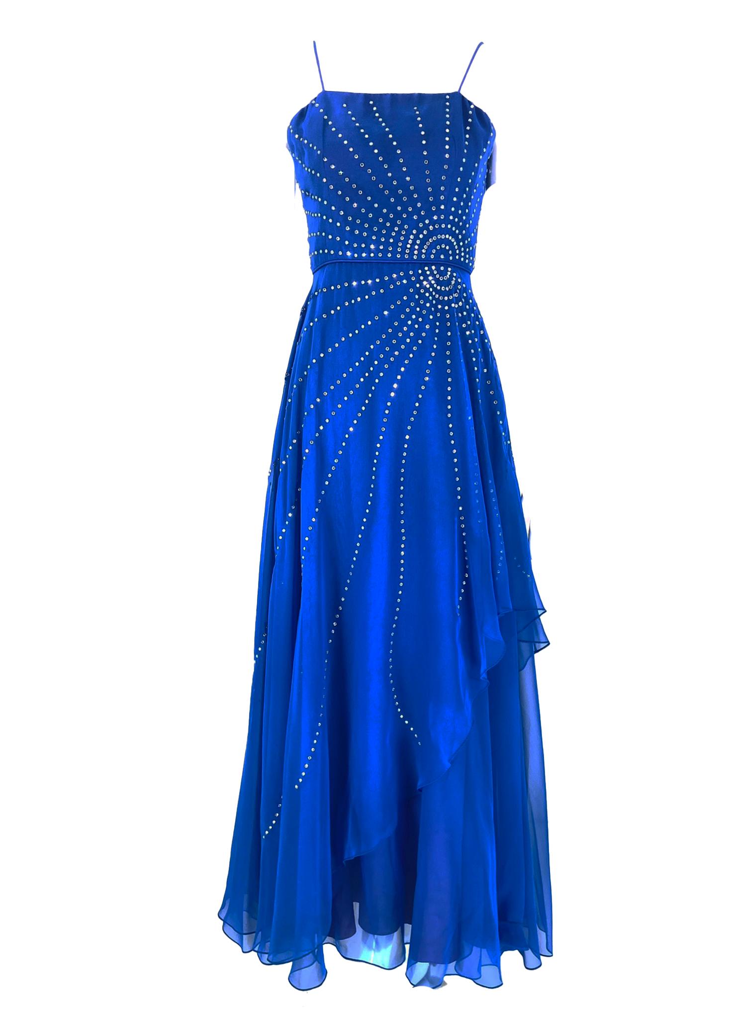 Rose Taft Couture Royal Blue Chiffon Rhinestone Sunburst Evening Gown 1970s For Sale 1