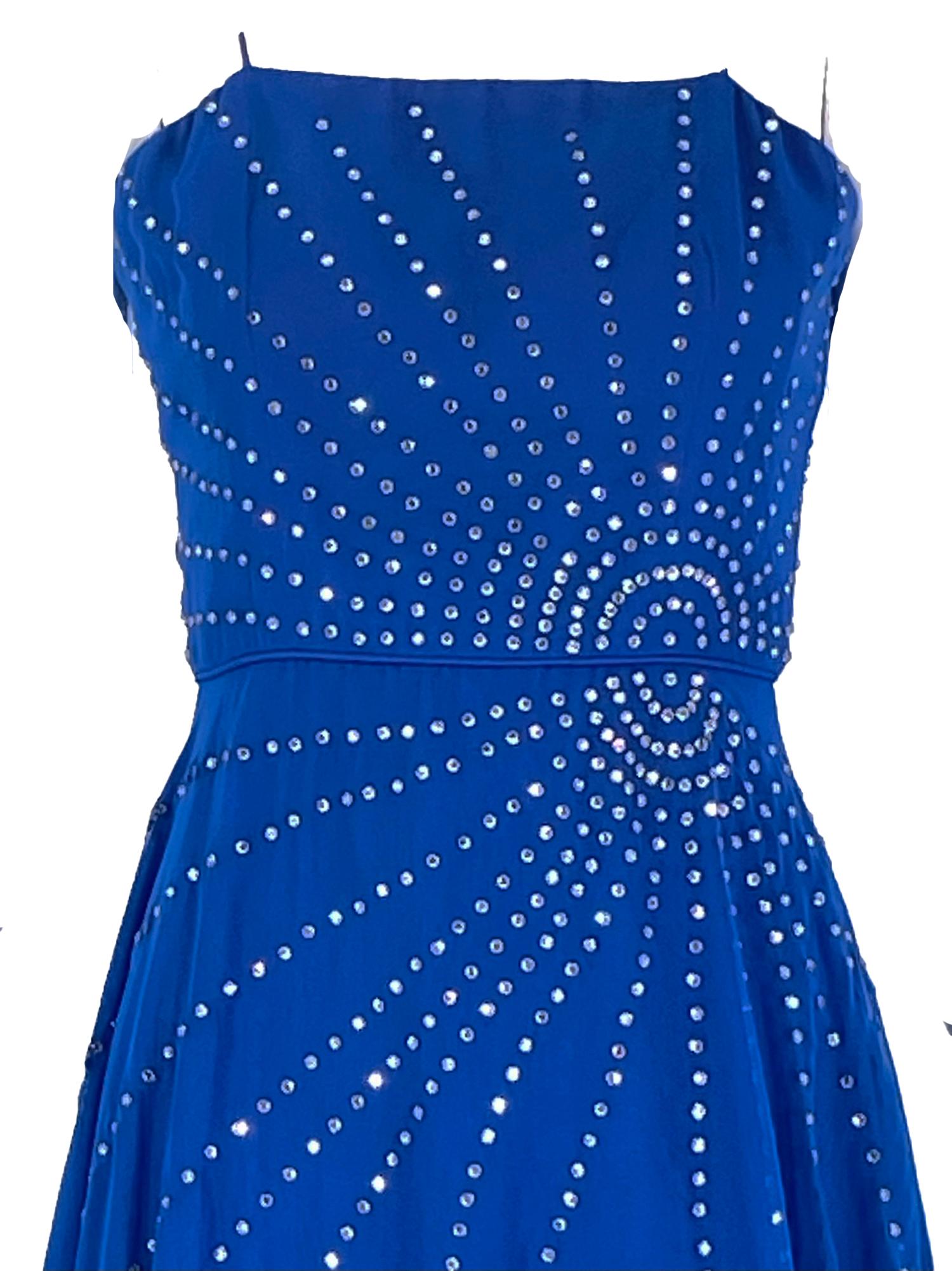 Rose Taft Couture Royal Blue Chiffon Rhinestone Sunburst Evening Gown 1970s For Sale 2