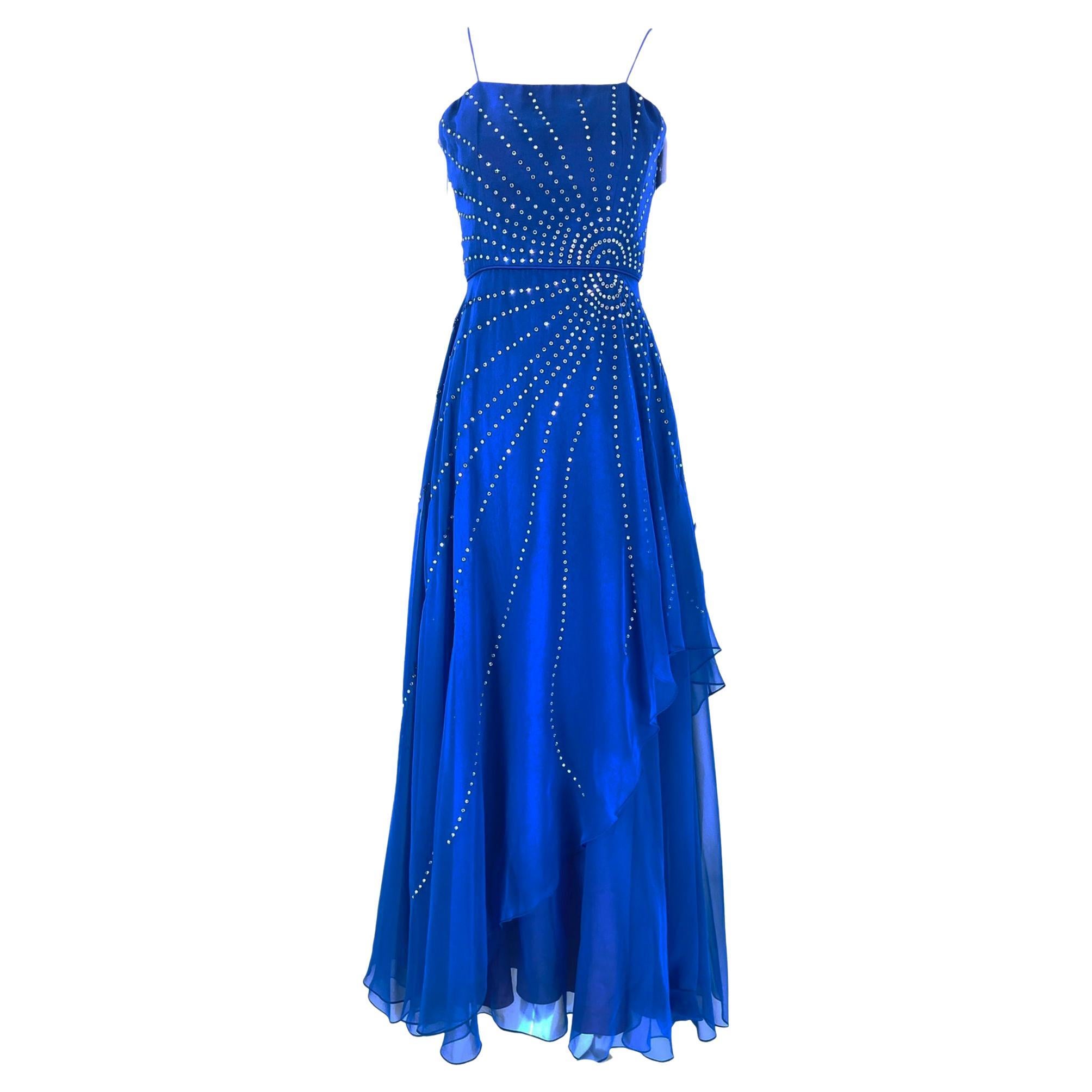 Rose Taft Couture Royal Blue Chiffon Rhinestone Sunburst Evening Gown 1970s For Sale