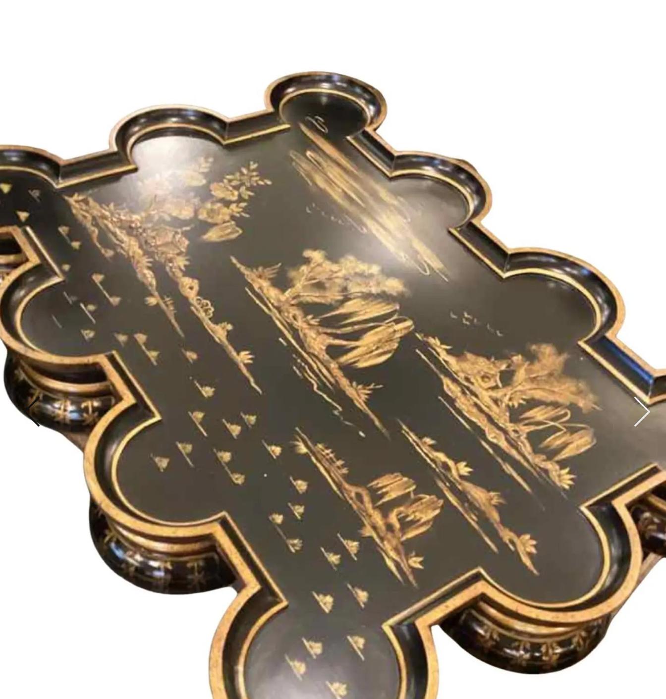 American Rose Tarlow Black Lacquer Chinoiserie Scalloped Cocktail Table