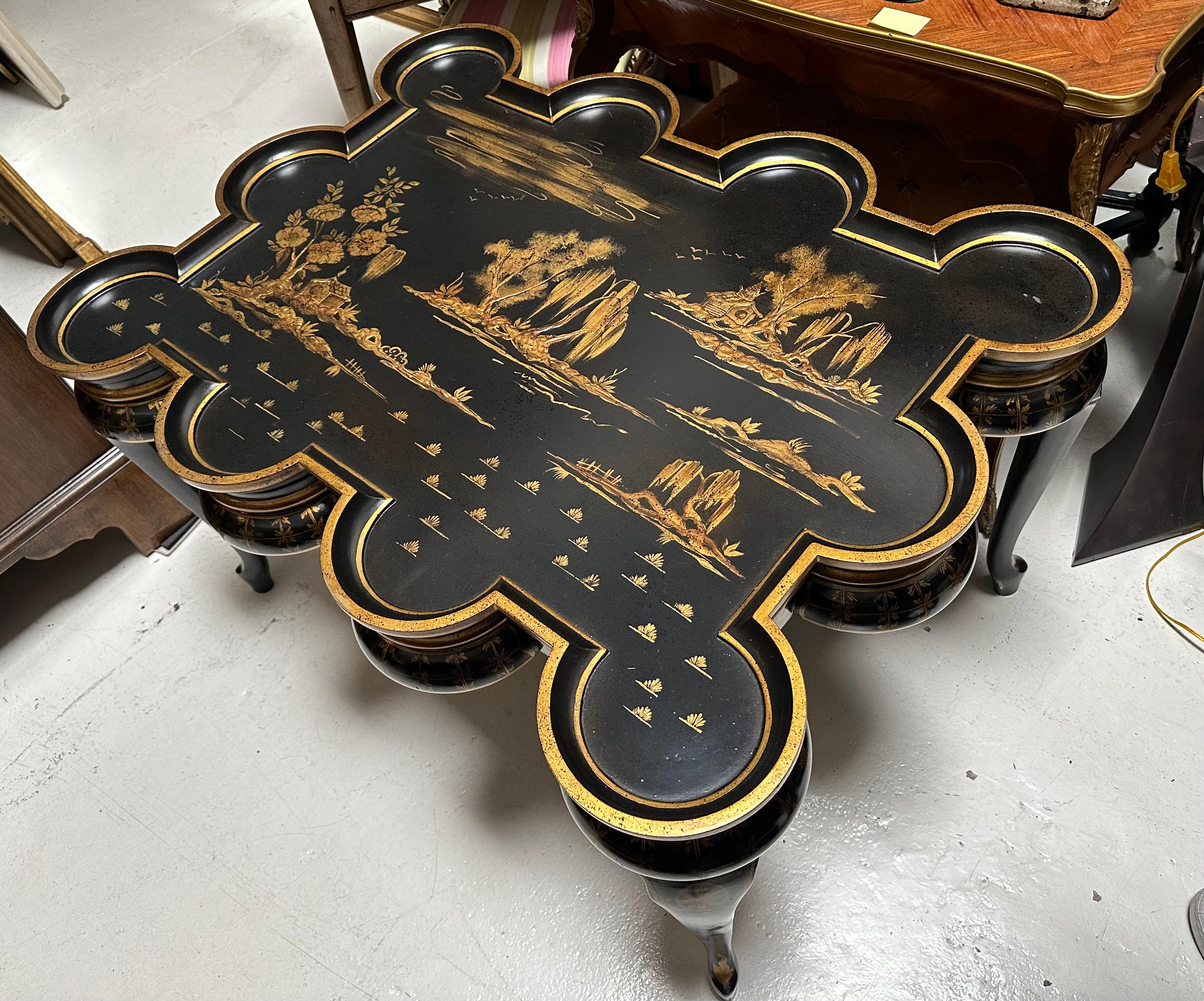 Bentwood Rose Tarlow Black Lacquer Chinoiserie Scalloped Cocktail Table