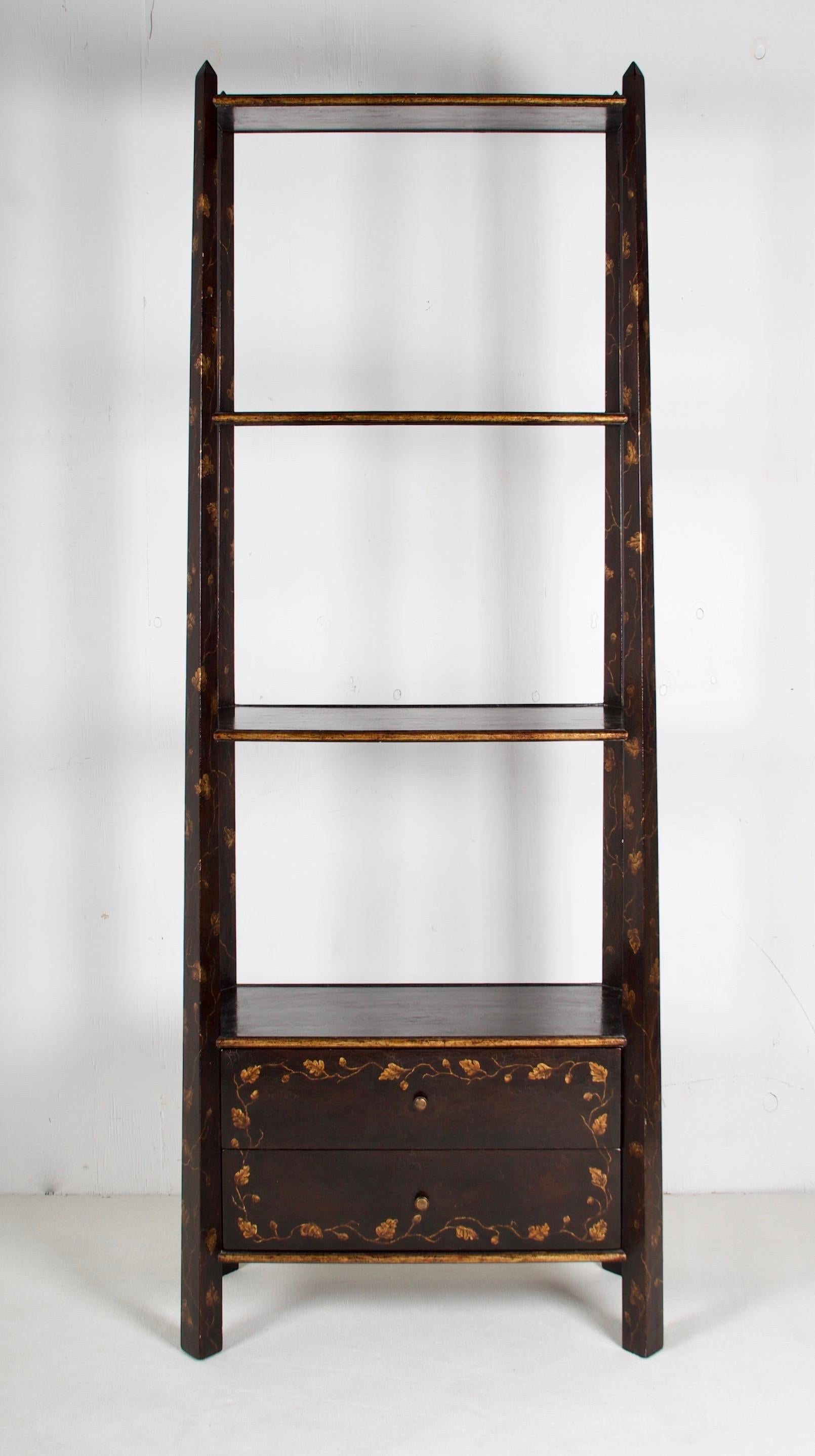 Rose Tarlow étagère in tete de negre crackled lacquer with chinoiserie.
3 shelves and 2 drawers.

Measures: 18