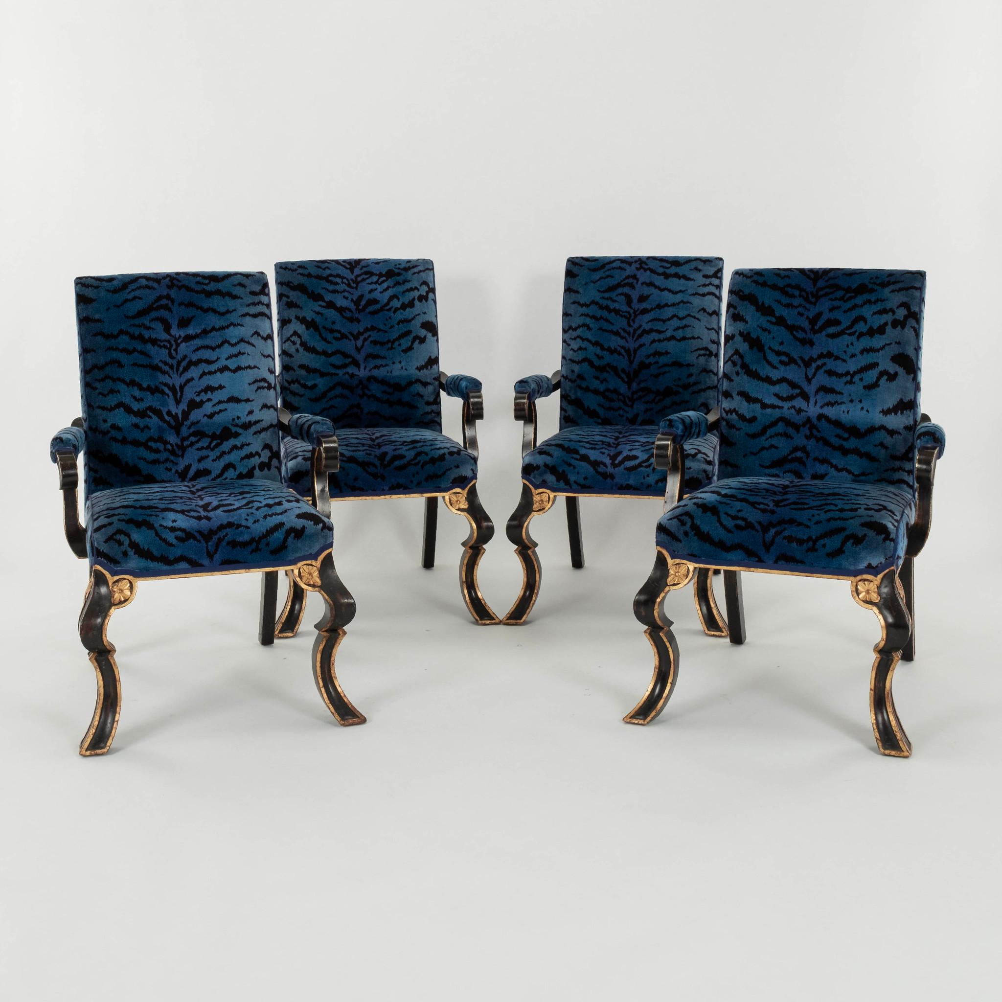 21st Century Rose Tarlow Melrose House Puccini arm chair(s), with modified frame, patinated, 22K gold trim, blue Scalamandré Tigre Velvet Blue.

Four available, sold individually $3,400.00each.
