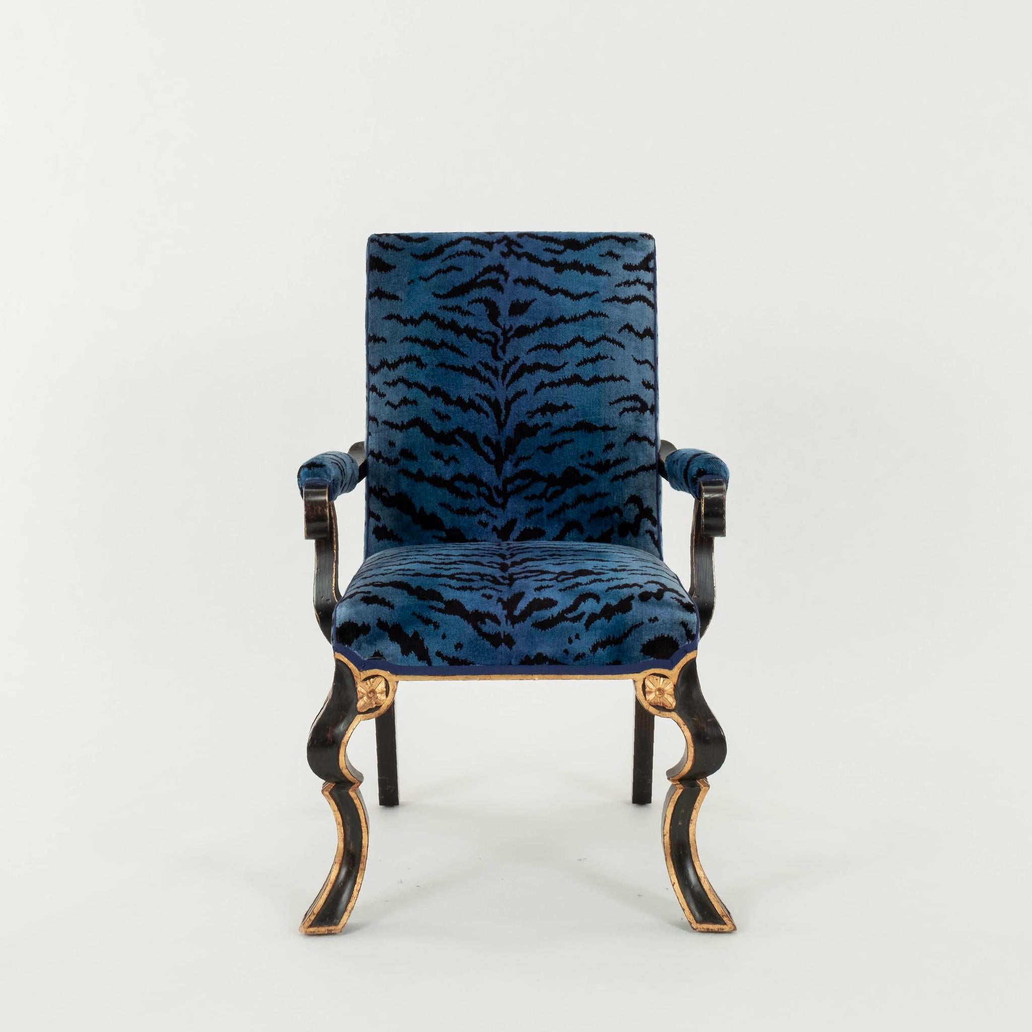 American Rose Tarlow Melrose House Puccini Blue Scalamandré Tigre Velvet Armchair(s) For Sale