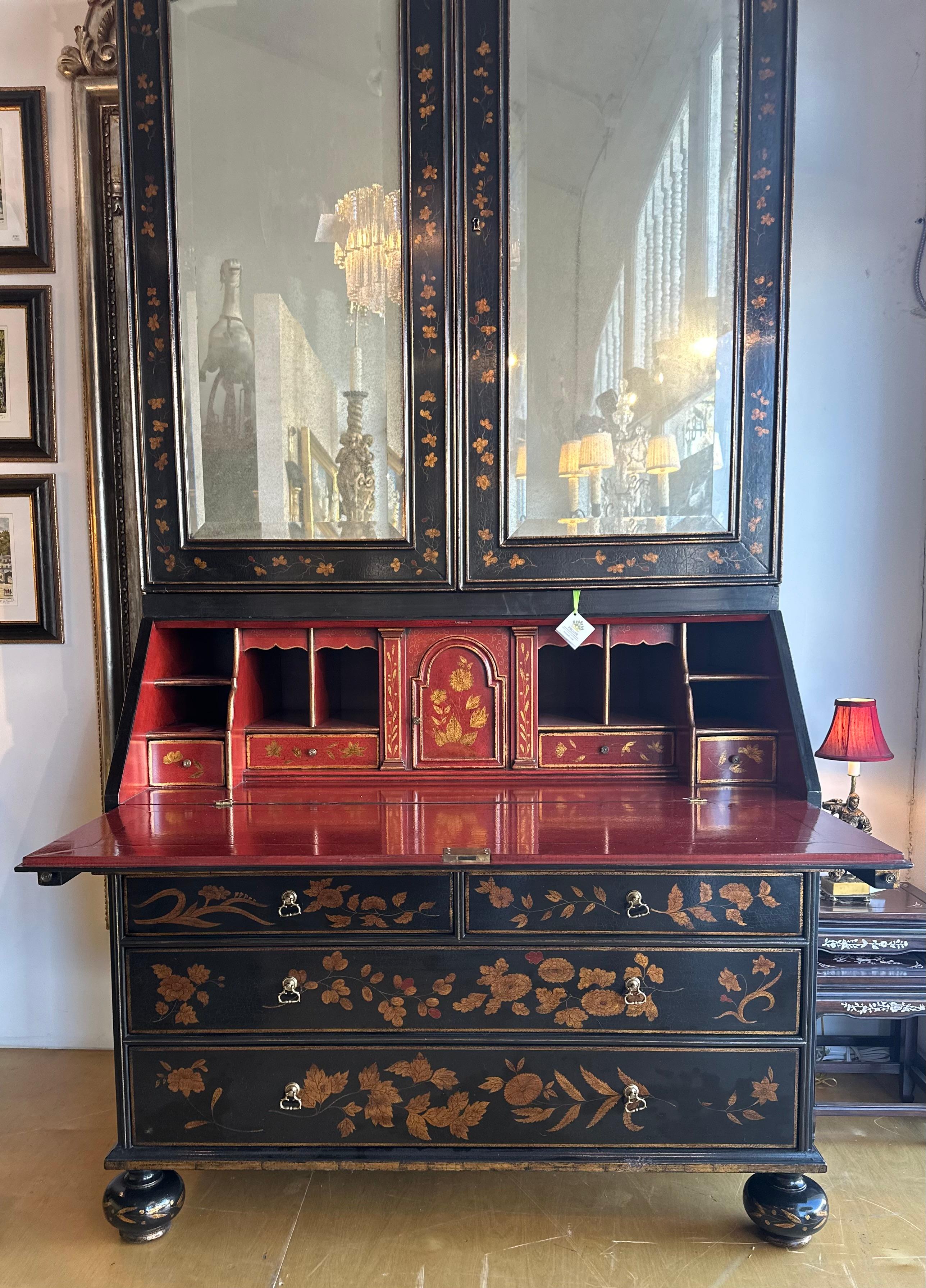 Rose Tarlow Melrose House Queen Anne Black & Red Chinoiserie Secretary Desk For Sale 5