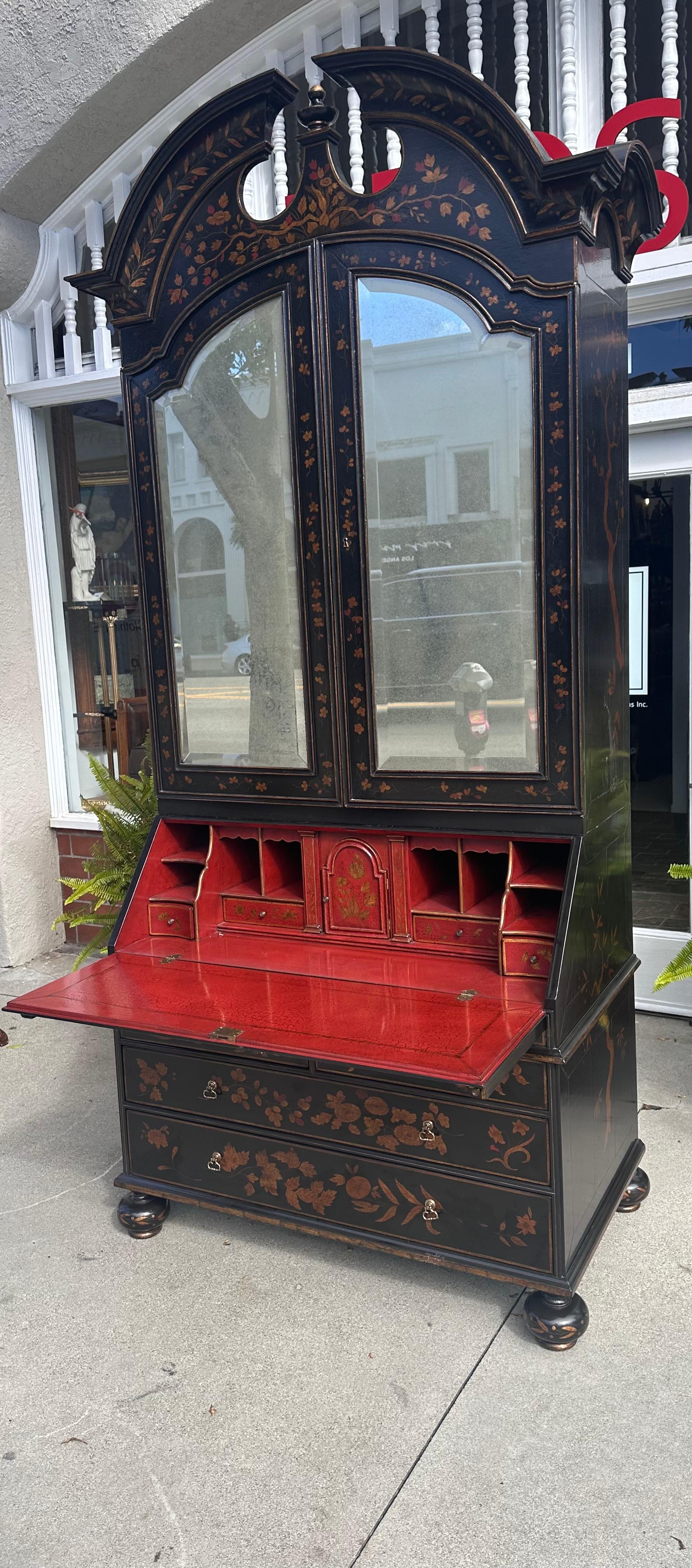 Giltwood Rose Tarlow Melrose House Queen Anne Black & Red Chinoiserie Secretary Desk For Sale