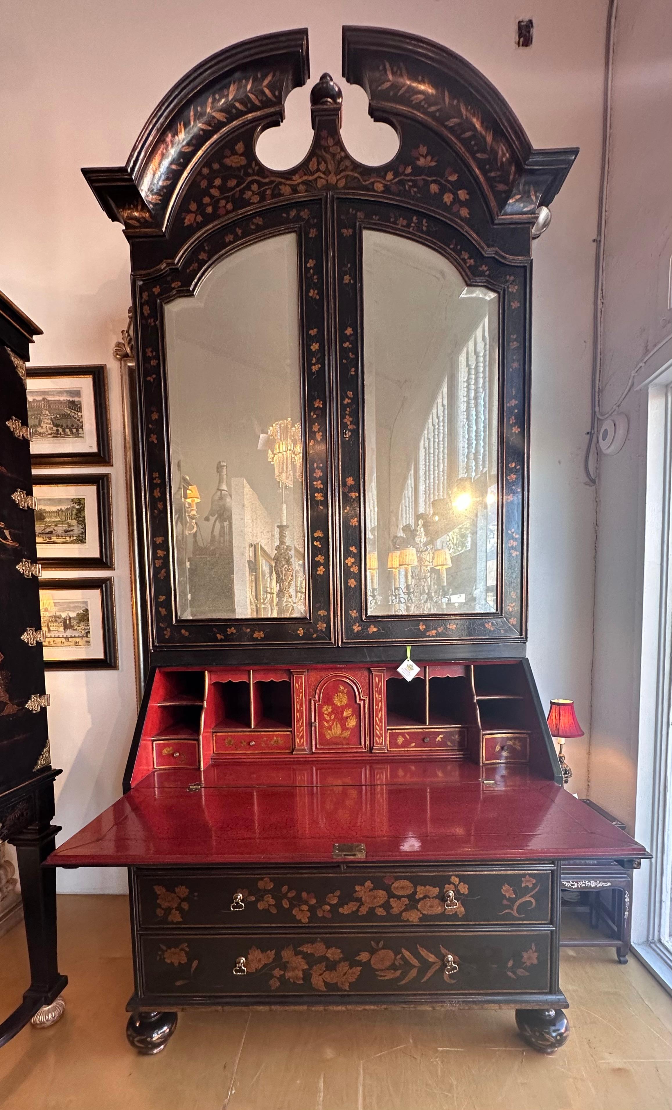 Rose Tarlow Melrose House Queen Anne Black & Red Chinoiserie Secretary Desk For Sale 3