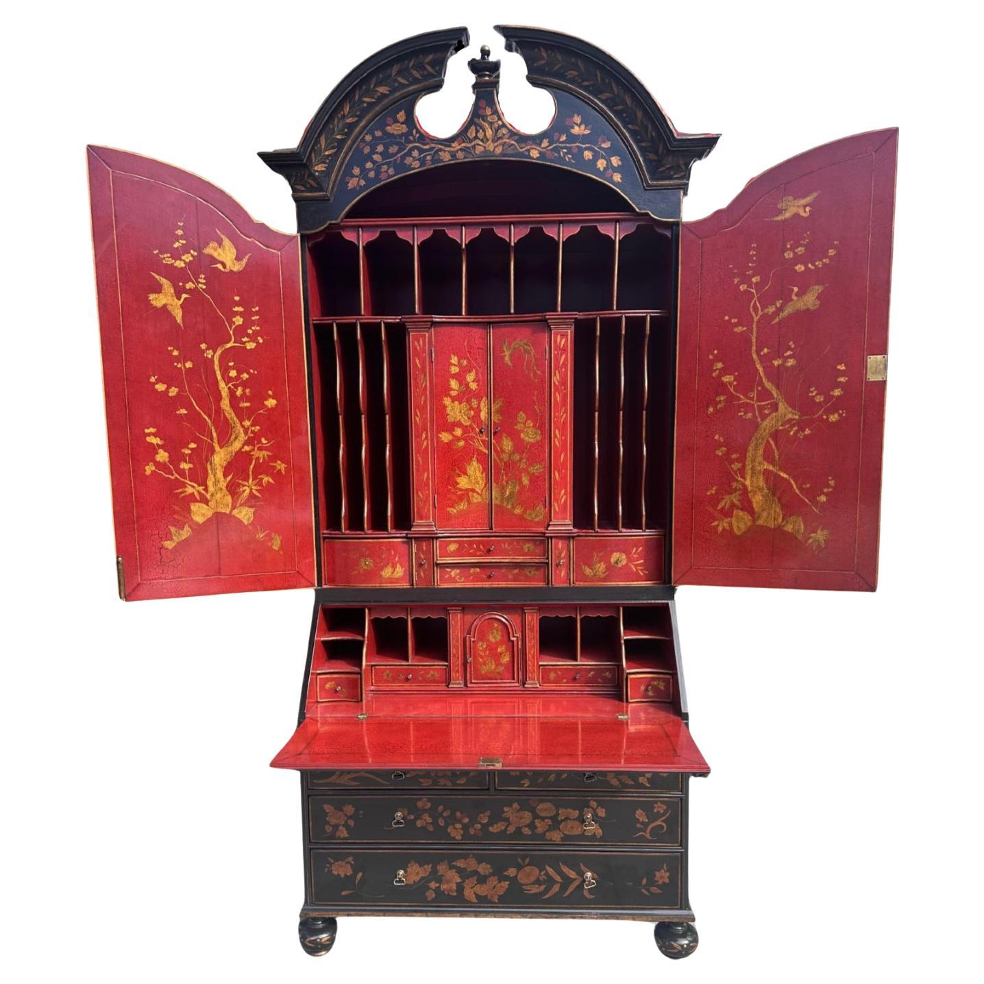 Rose Tarlow Melrose House Queen Anne Black & Red Chinoiserie Secretary Desk For Sale
