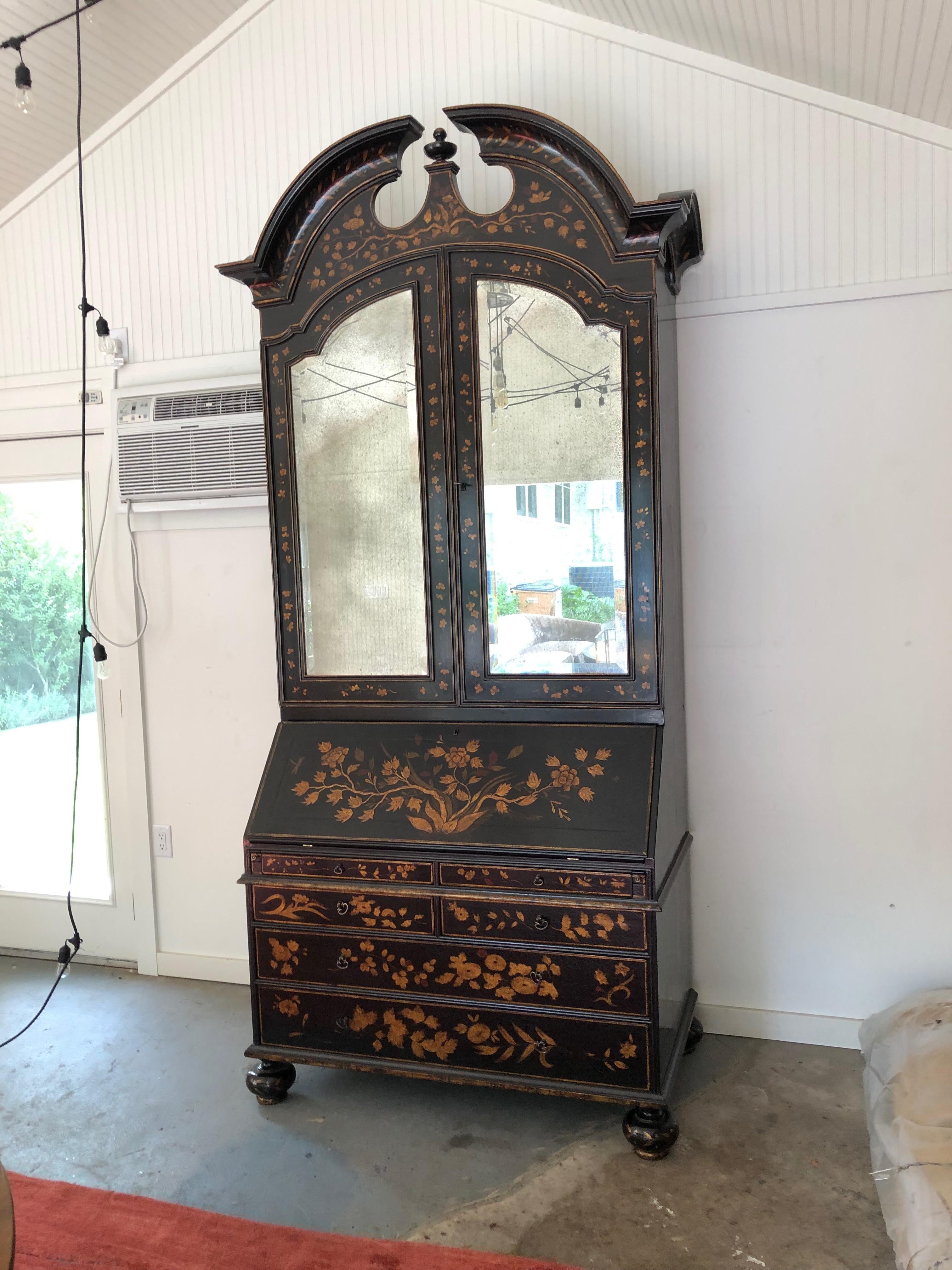 Rose Tarlow Melrose House Queen Style Anne chinoiserie secretary. A stunning, handmade, hand painted secretary. The finish is a stunning crackle finish made by renowned Artisans at Rose Tarlow Melrose House. A rare and beautiful piece handsome and