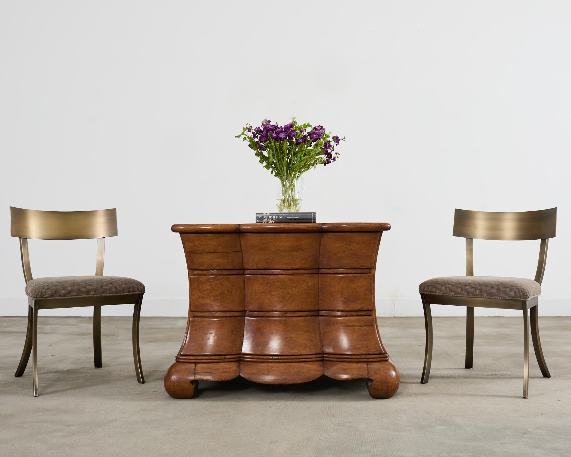 Gorgeous three drawer Dutch commode or chest of drawers by Rose Tarlow Melrose house, Hollywood, CA. Beautifully crafted from solid walnut with a gracefully curved, sinuous case having a scalloped or serpentine front. Intentional light distressing