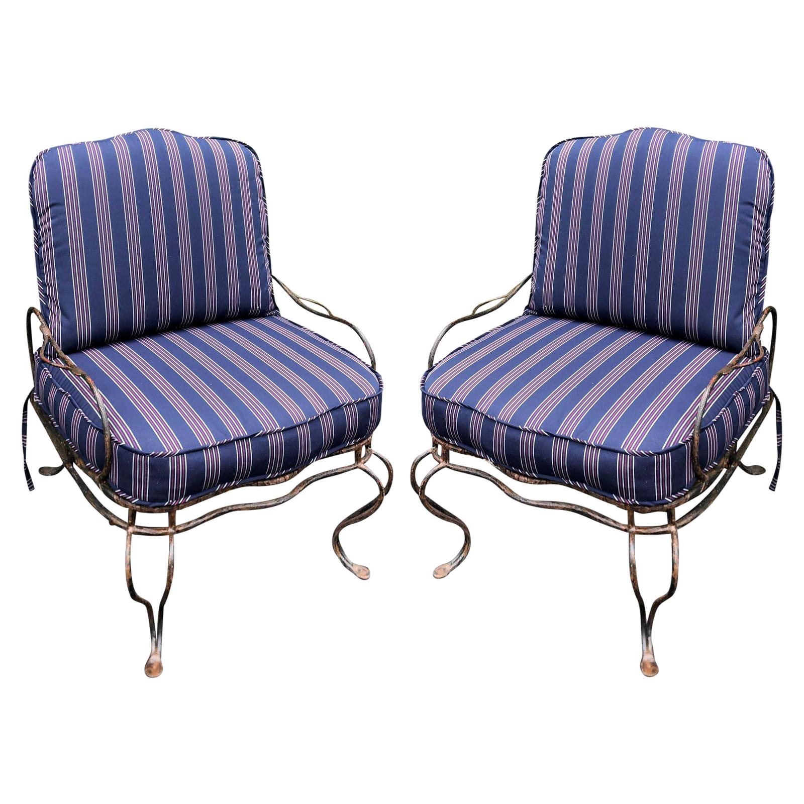Rose Tarlow Wrought Iron Outdoor Lounge Chairs, a Pair