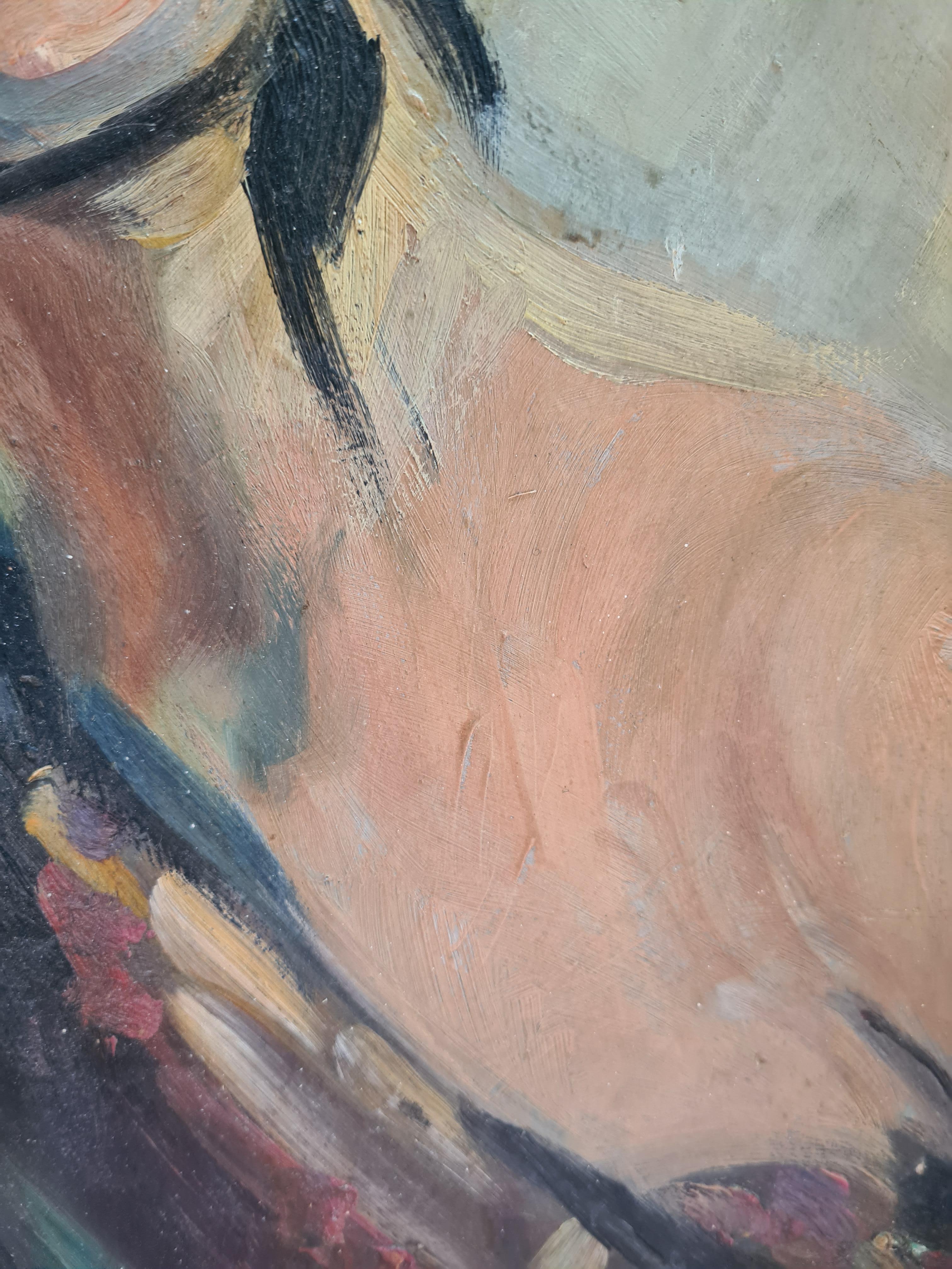 Portrait de société à l'huile sur carton du début du 20e siècle par l'artiste française Rose Teitgen-Obeurer. Signé en haut à gauche.

Portrait charmant et plein de caractère d'une dame élégante portant un chapeau et une robe de style. Il s'agit