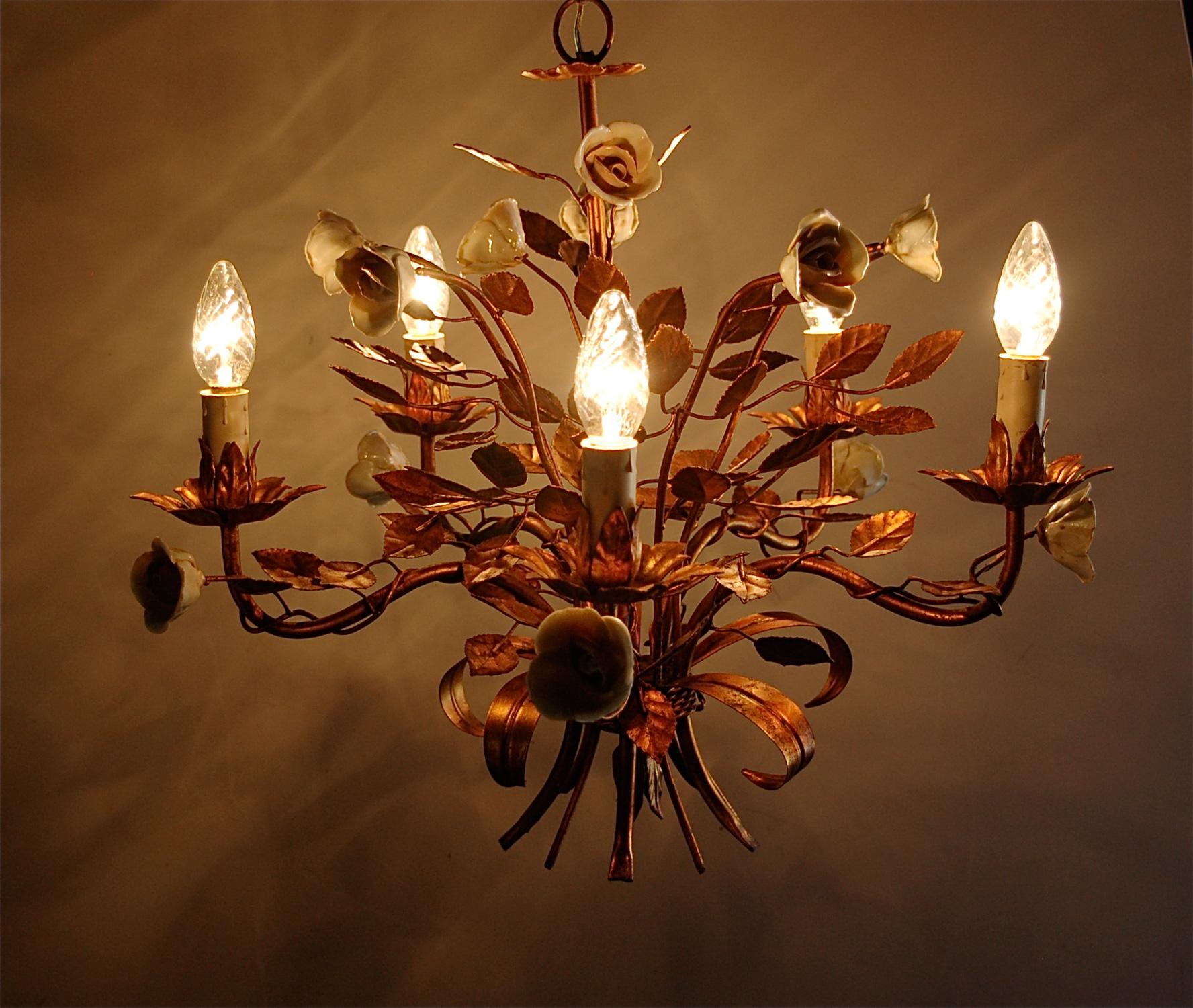 20th Century Rose Tole Chandelier with Gold Finish, 1950s, Italy