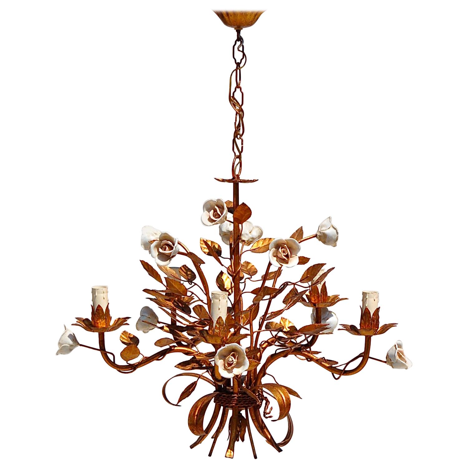 Rose Tole Chandelier with Gold Finish, 1950s, Italy