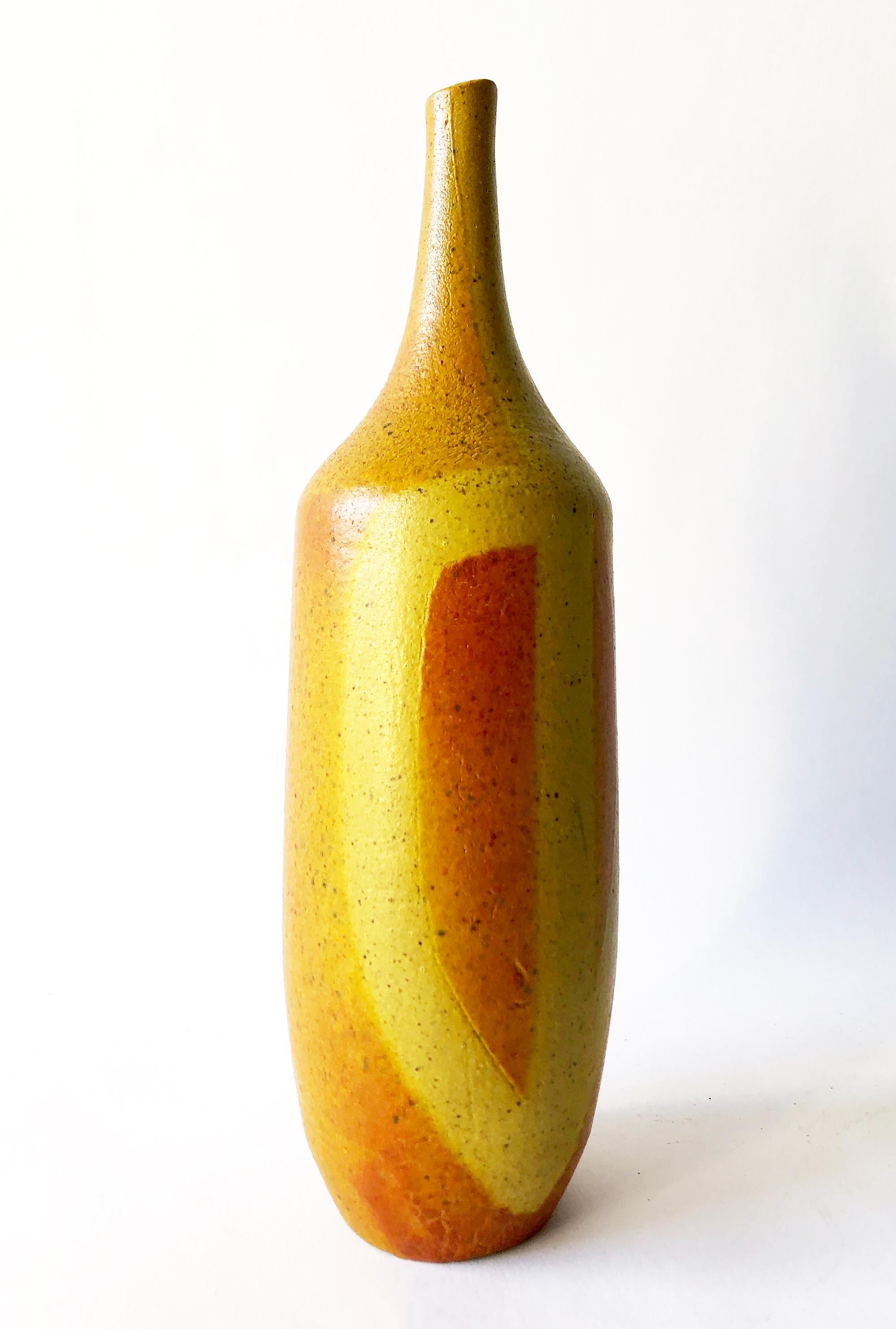 Elongated ceramic bottle vase by Rose Truchnovsky of Quebec, Canada. Vase measures 11