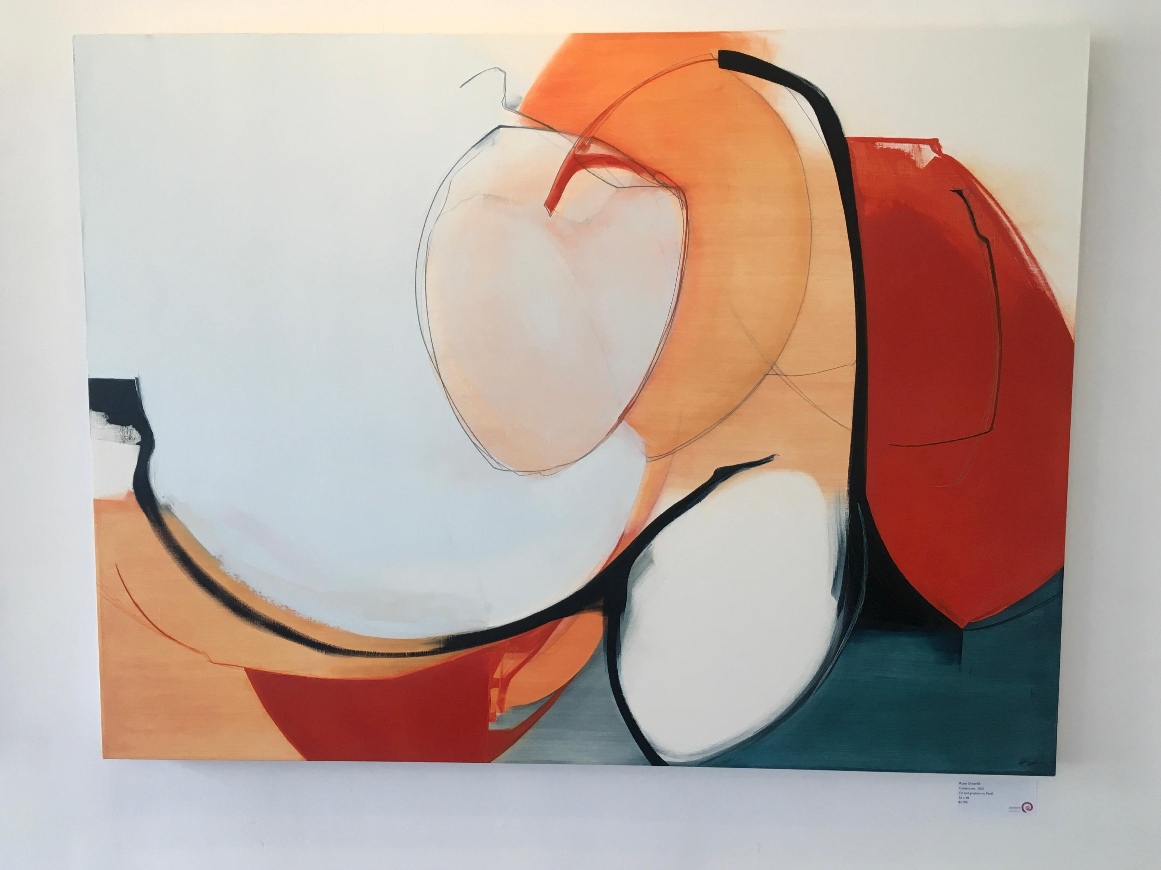 Zusammenarbeiten,  Abstrakt, Öl, Graphit, Holzplatte, Rot, Orange, Blau, Weiß – Painting von Rose Umerlik