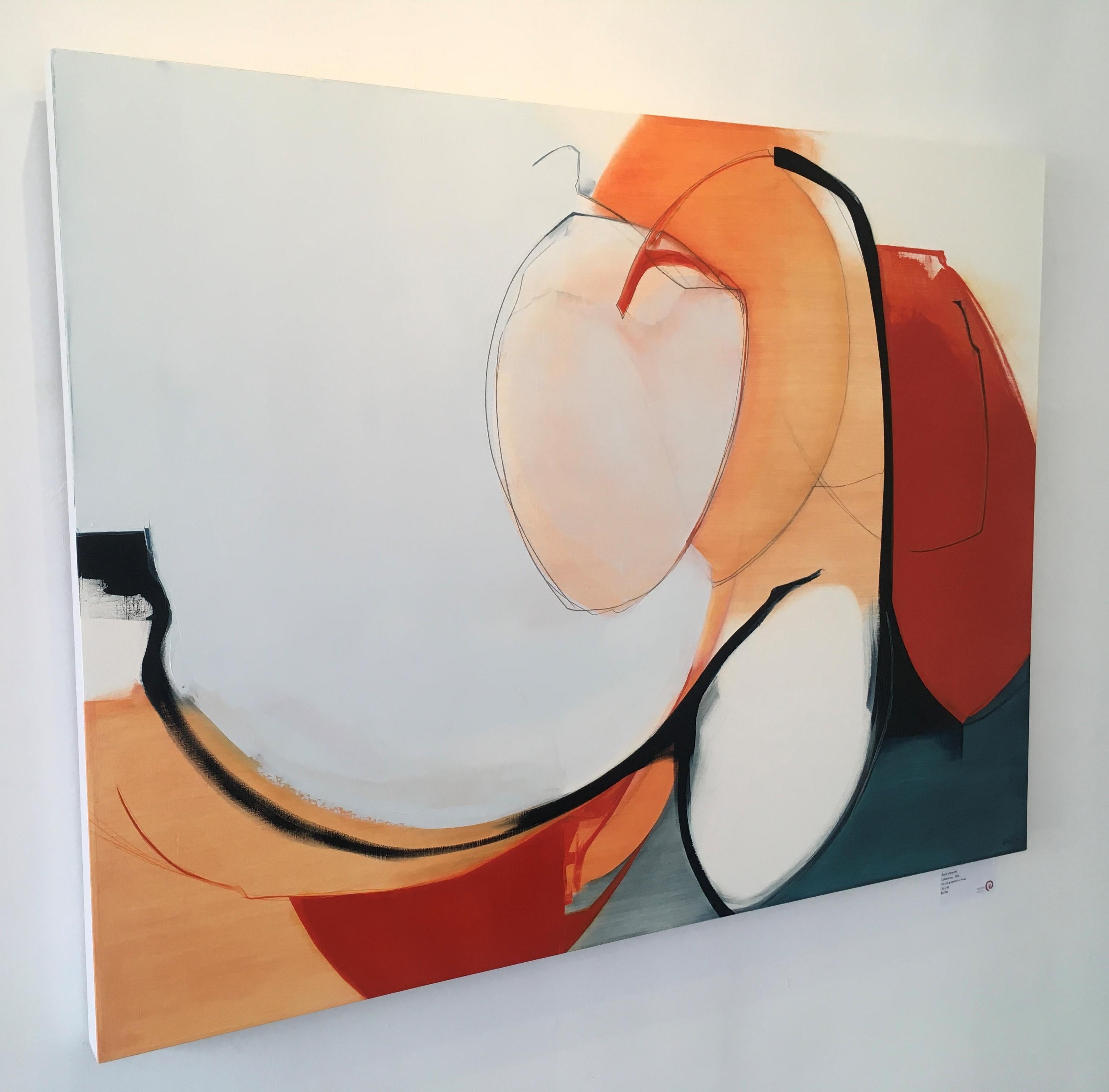 Collaborez,  Abstrait, huile, graphite, panneau de bois, rouge, orange, bleu, blanc - Blanc Abstract Painting par Rose Umerlik