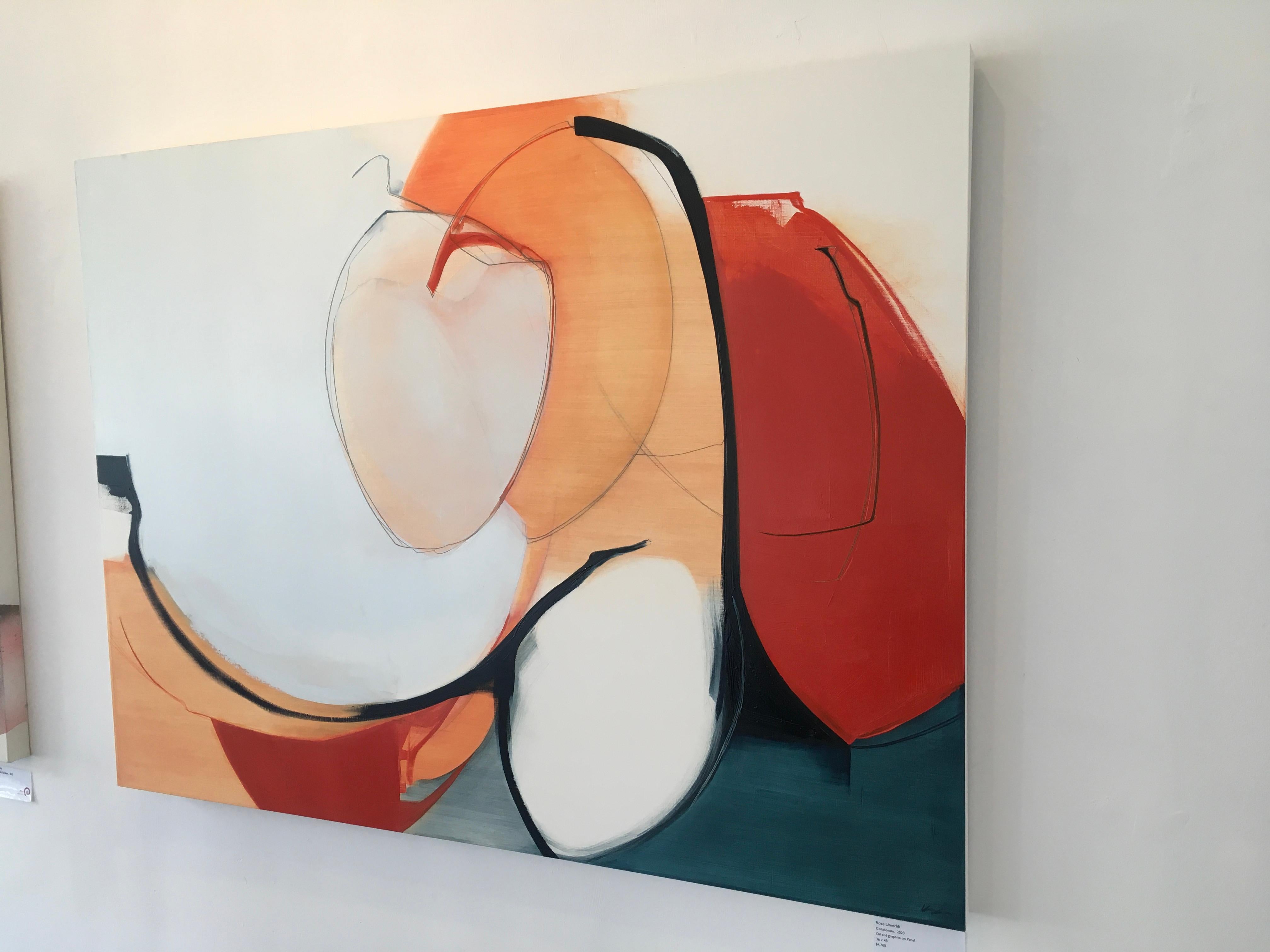 Collaborate by Rose Umerlik is an abstract painting, Oil and Graphite on wood panel, 36 x 48.

Rose Umerlik extracts the intangible emotional moments that live in our collective human psyche and interprets them abstractly through form, line and