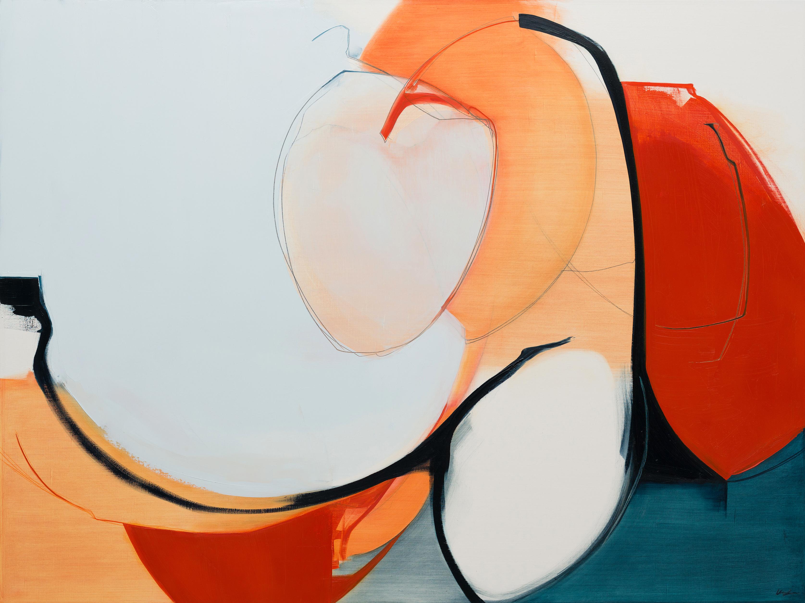 Rose Umerlik Abstract Painting – Zusammenarbeiten,  Abstrakt, Öl, Graphit, Holzplatte, Rot, Orange, Blau, Weiß