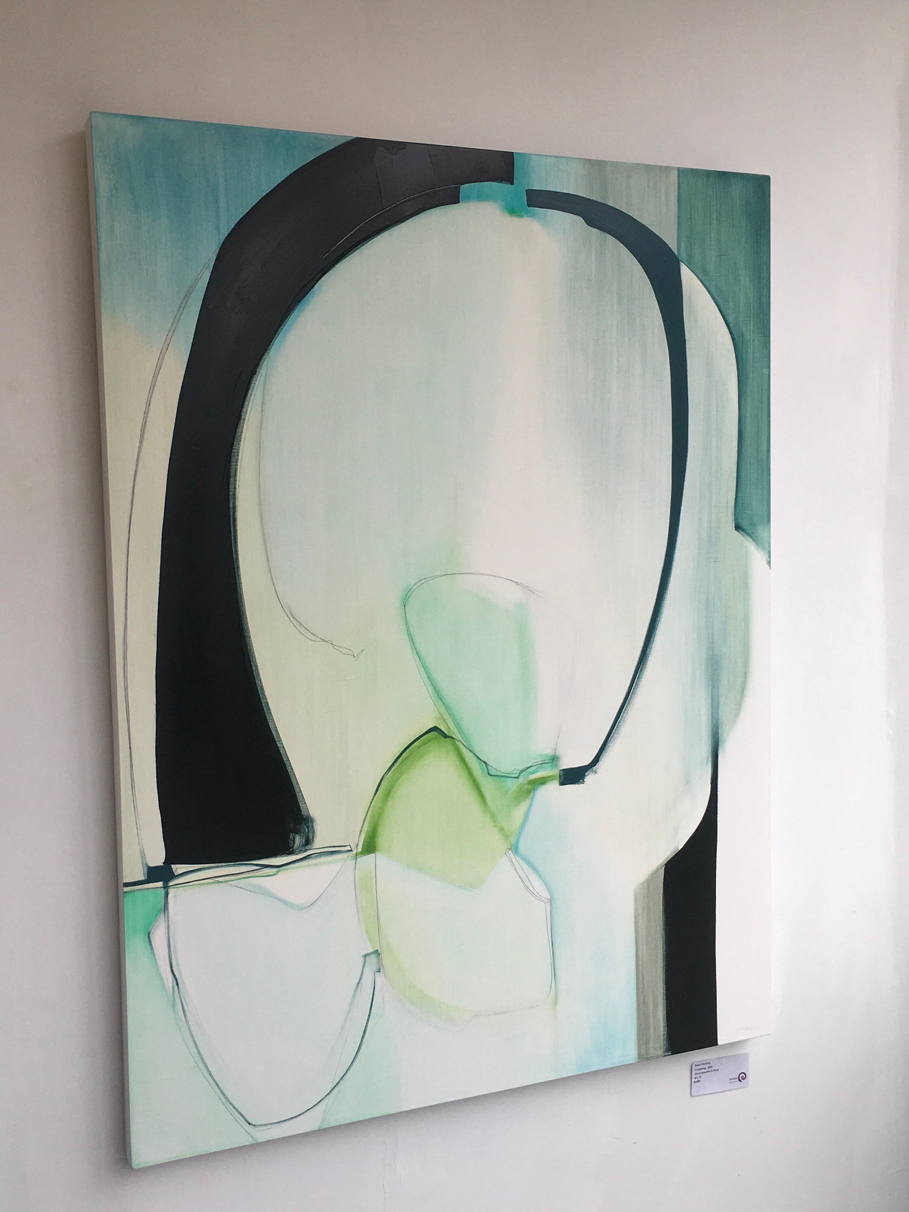 Completamento, Arte astratta, Figura, Olio, Grafite, Pannello di legno, Blu, Nero, Verde - Painting Astratto di Rose Umerlik