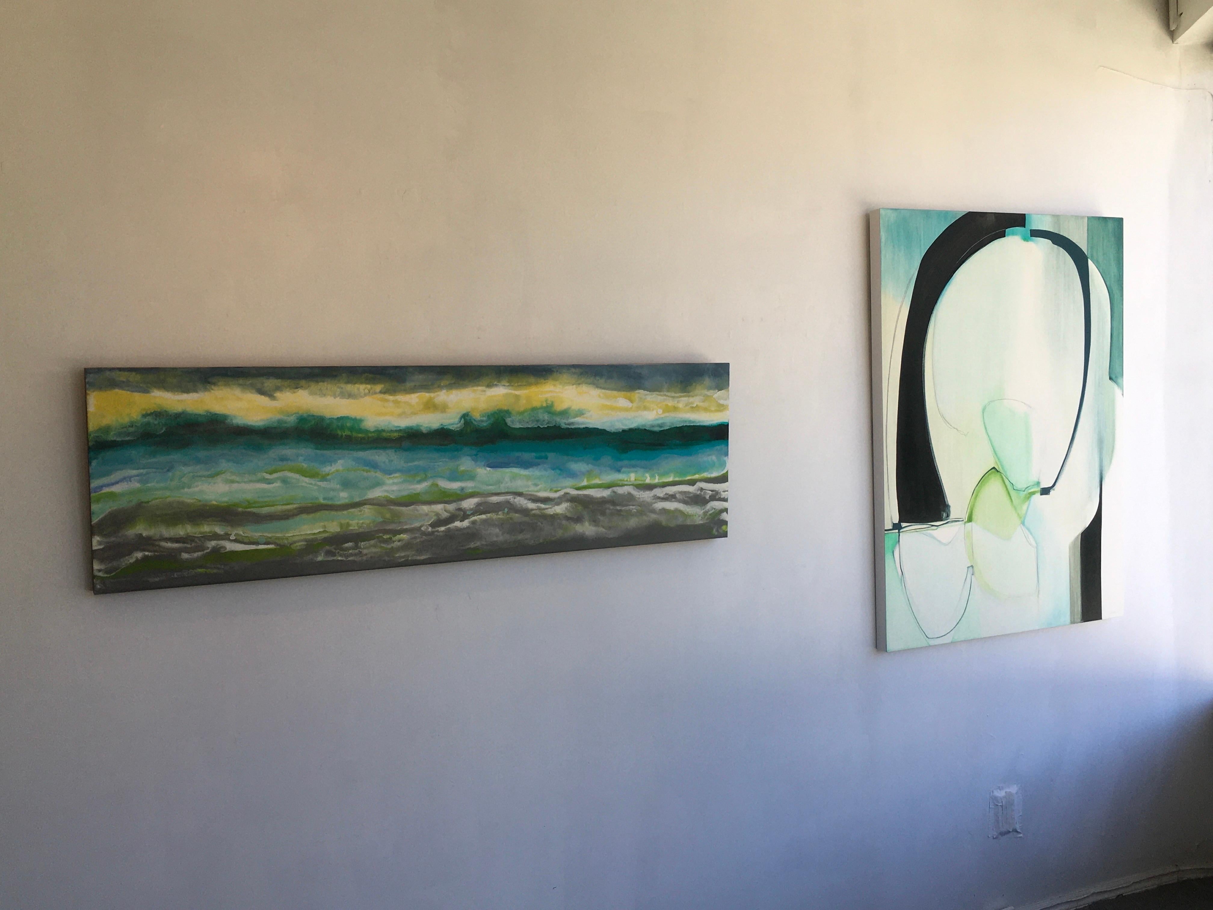 Completamento, Arte astratta, Figura, Olio, Grafite, Pannello di legno, Blu, Nero, Verde - Abstract Painting Grigio di Rose Umerlik