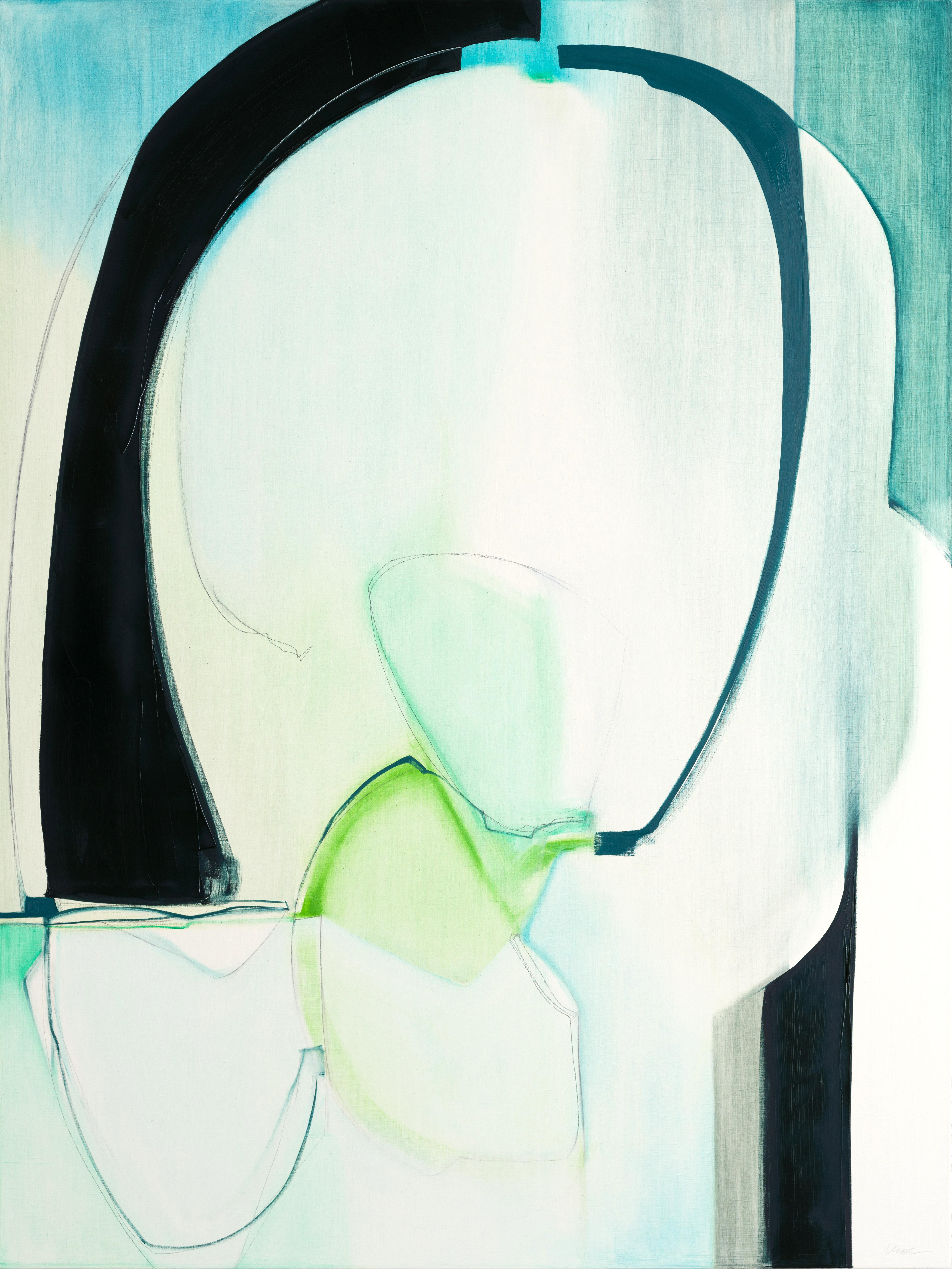 Completar, Arte abstracto, Figura, Óleo, Grafito, Panel de madera, Azul, Negro, Verde