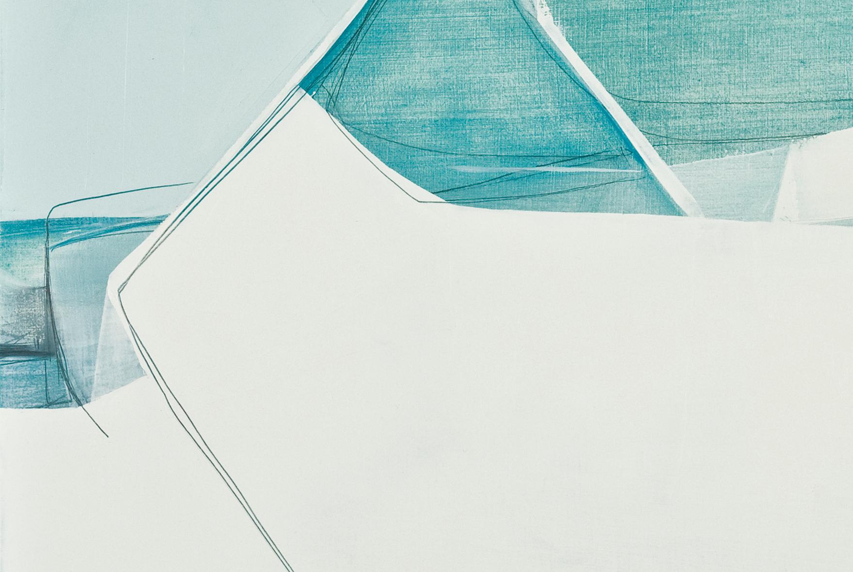 Convergence en bleu  Abstrait, huile, graphite, panneau de bois, bleu, mouvement en vente 1