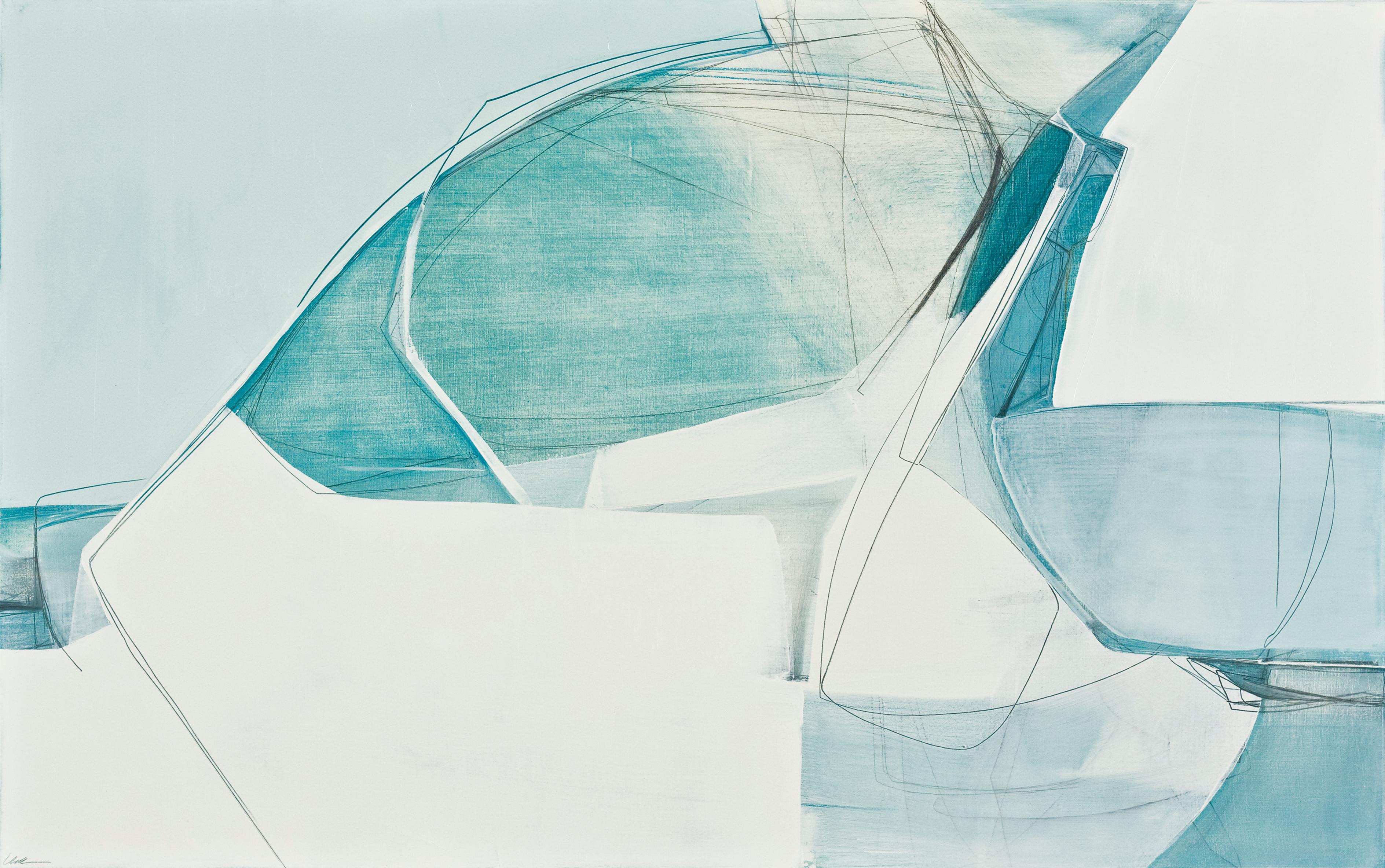 Convergence en bleu  Abstrait, huile, graphite, panneau de bois, bleu, mouvement - Mixed Media Art de Rose Umerlik