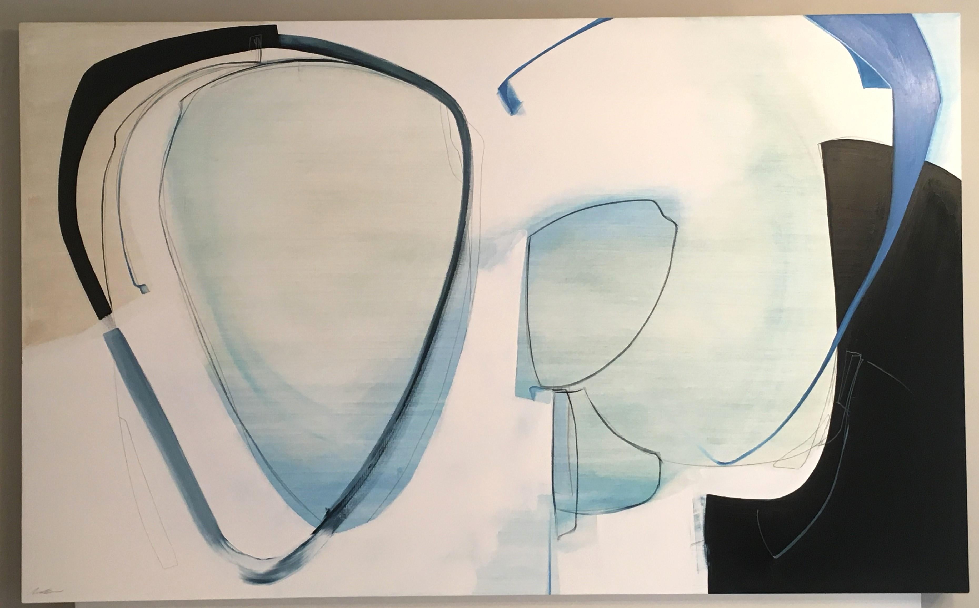 Echo,  Abstract, Oil, Graphite, Wood Panel, Blue, Black, White - Painting by Rose Umerlik