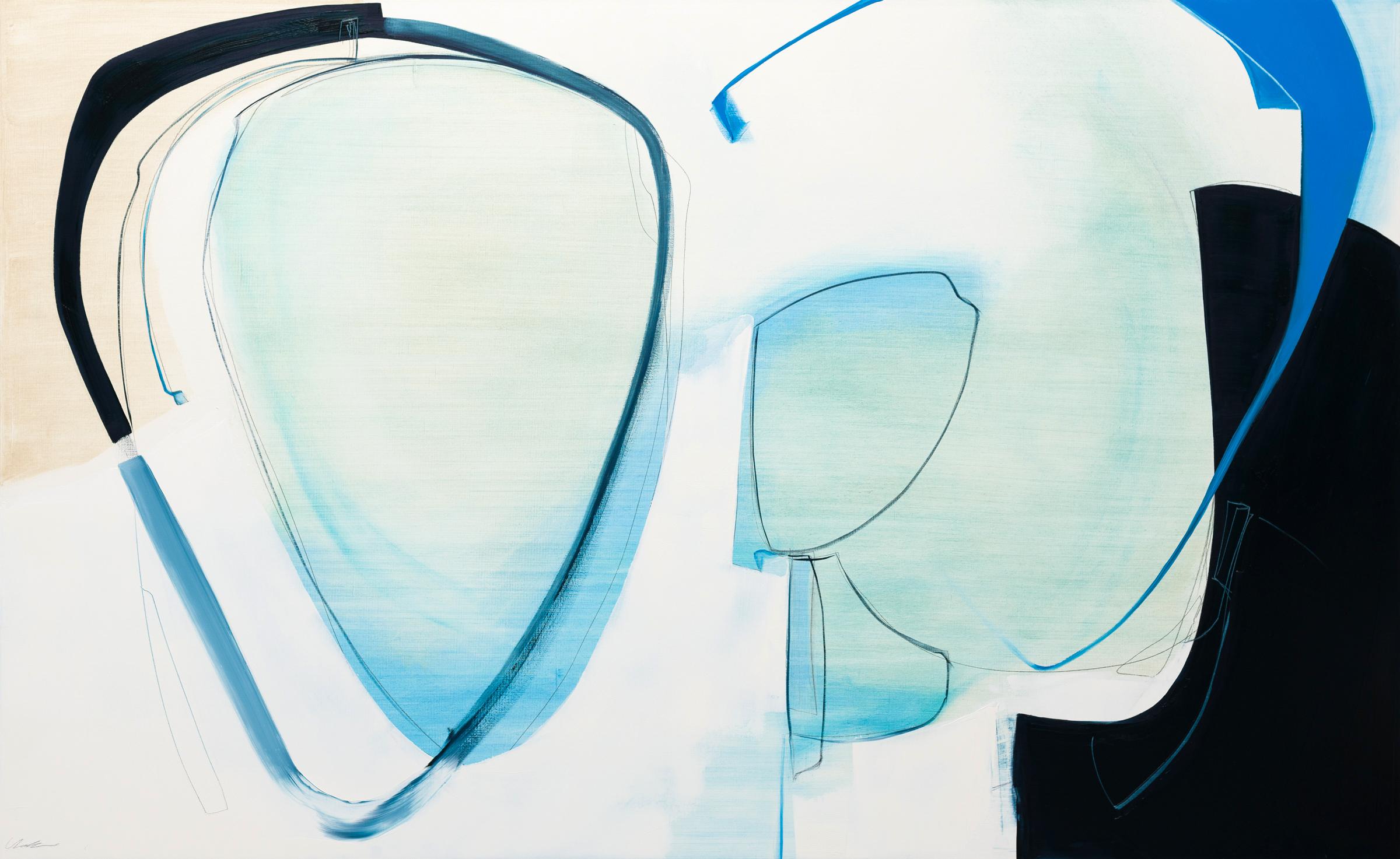 Rose Umerlik Abstract Painting – Echo,  Abstrakt, Öl, Graphit, Holztafel, Blau, Schwarz, Weiß