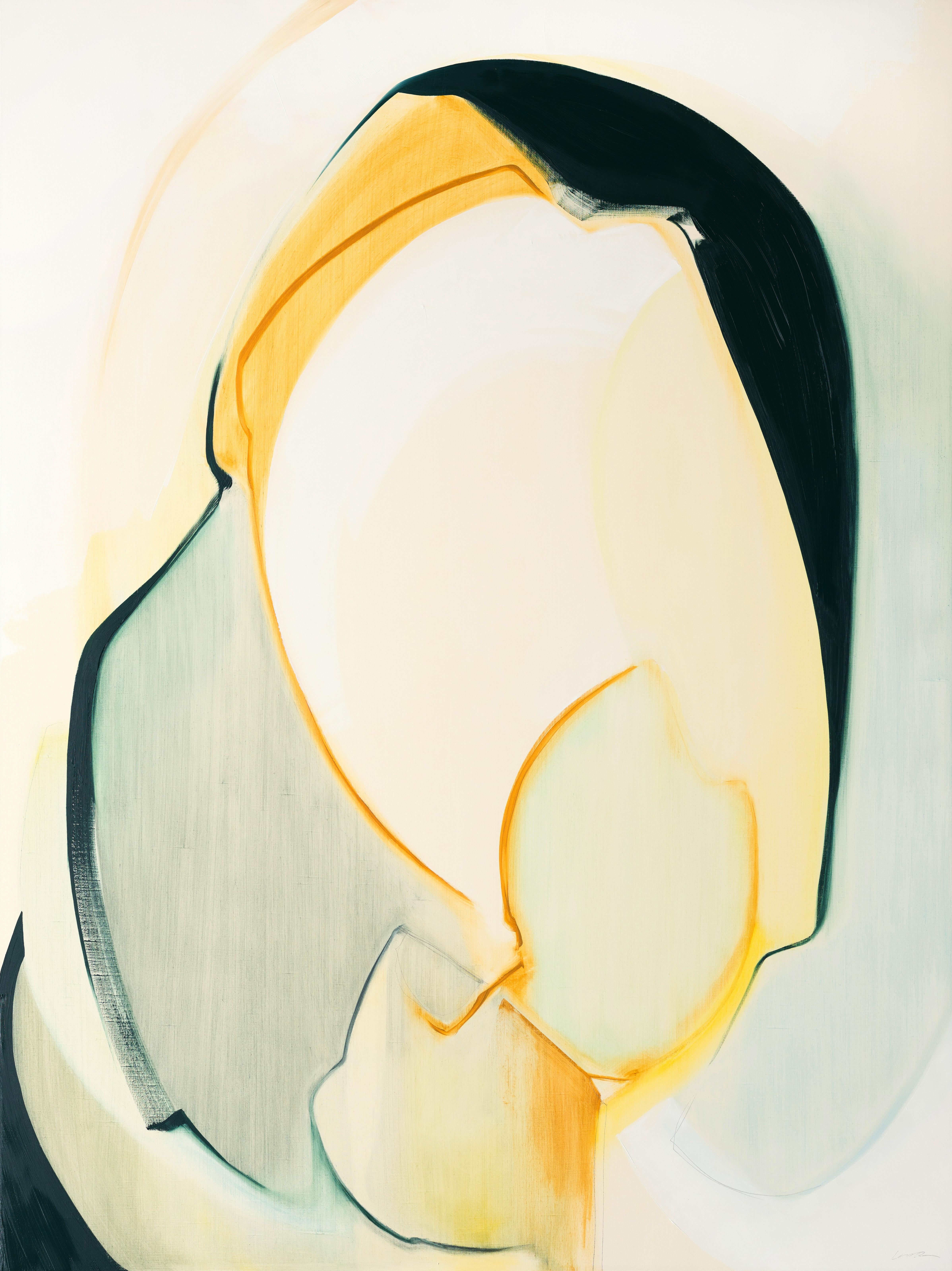 Généreux,  Abstrait, huile, graphite, panneau de bois, jaune, noir, blanc - Mixed Media Art de Rose Umerlik