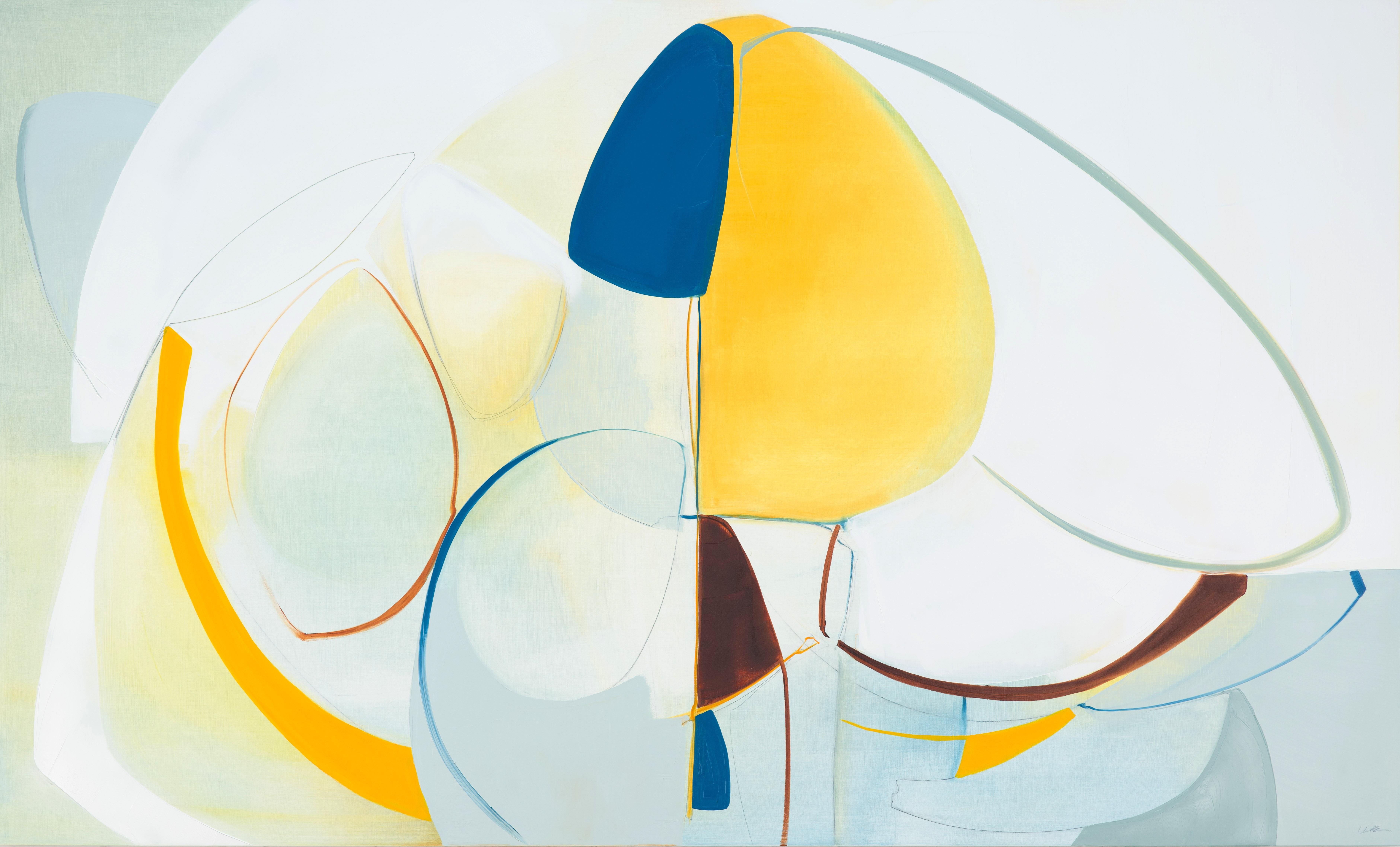 Rose Umerlik Abstract Painting - Play,  Abstract painting, Oil and Graphite on Panel, Blue, white, Yellow taupe