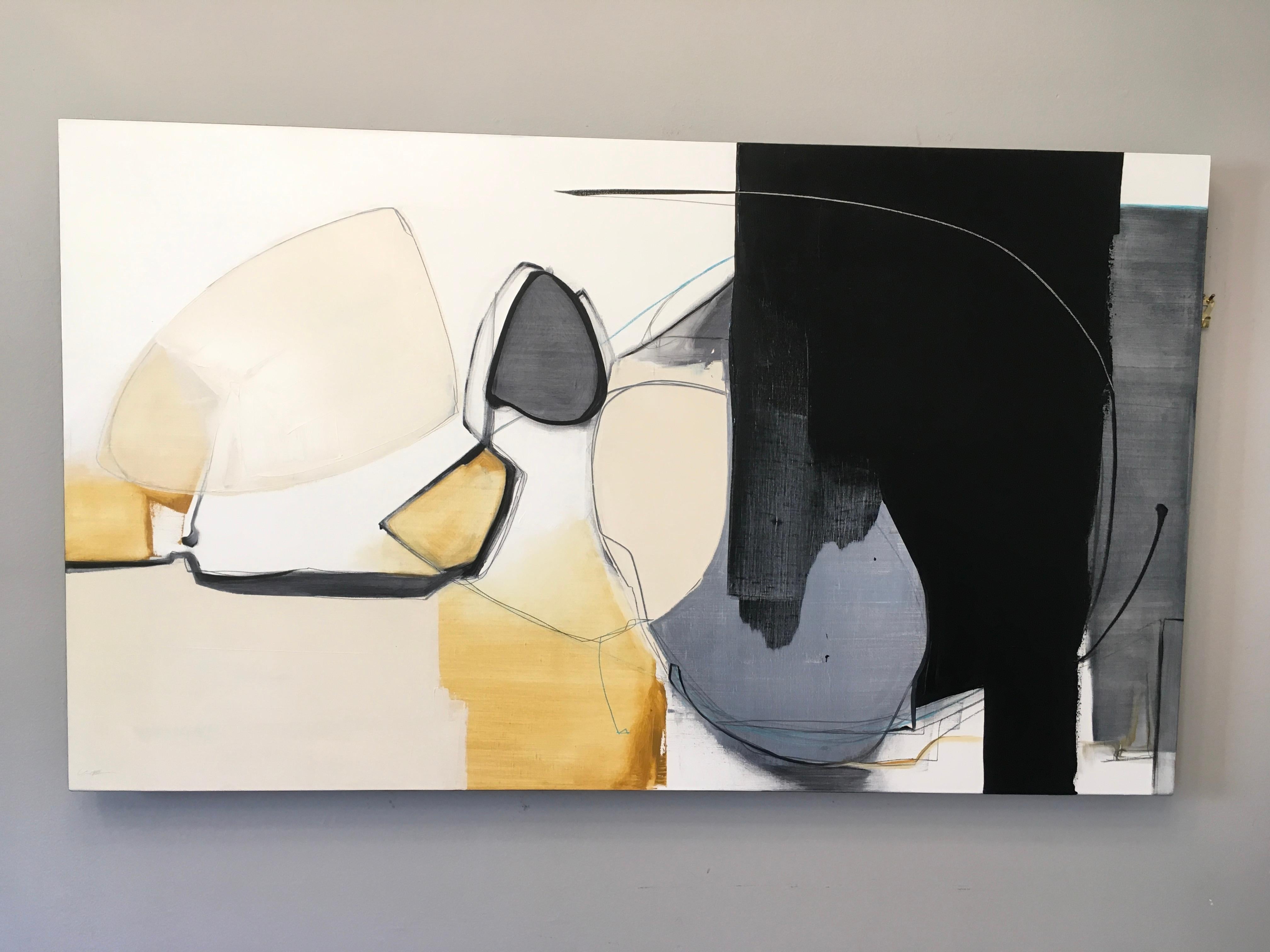 Rushing,  Abstract, Oil, Graphite, Wood Panel, Gray, Yellow, Black, White - Painting by Rose Umerlik