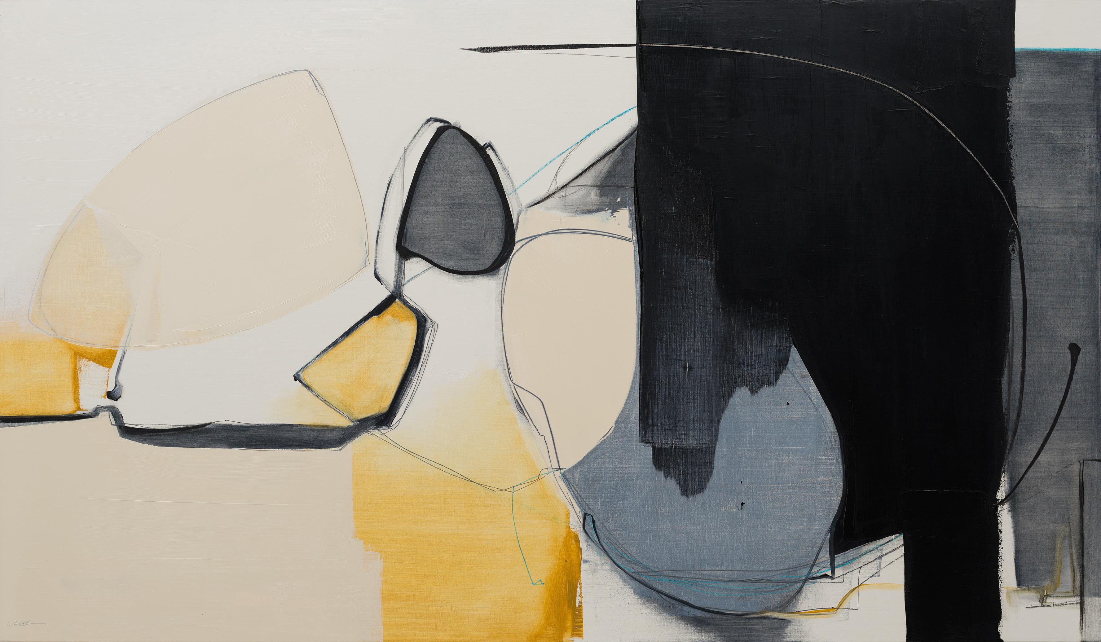 Rose Umerlik Abstract Painting - Rushing,  Abstract, Oil, Graphite, Wood Panel, Gray, Yellow, Black, White