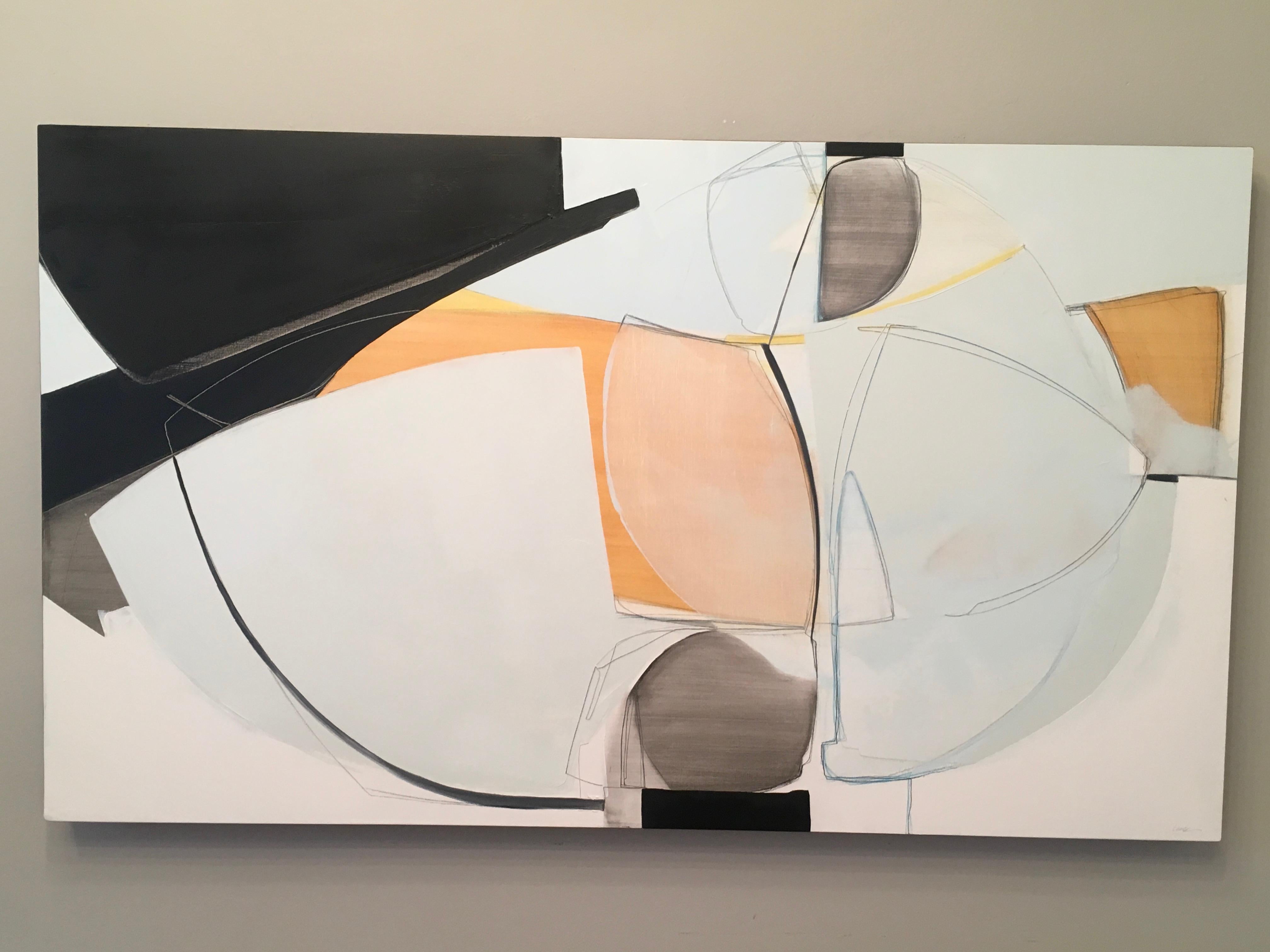 Two Aloof by Rose Umerlik is an abstract painting, Oil and Graphite on wood panel, 28 x 48 x 1.5.  The edges are covered with a linen tape and most clients do not frame the artwork.

Rose Umerlik extracts the intangible emotional moments that live