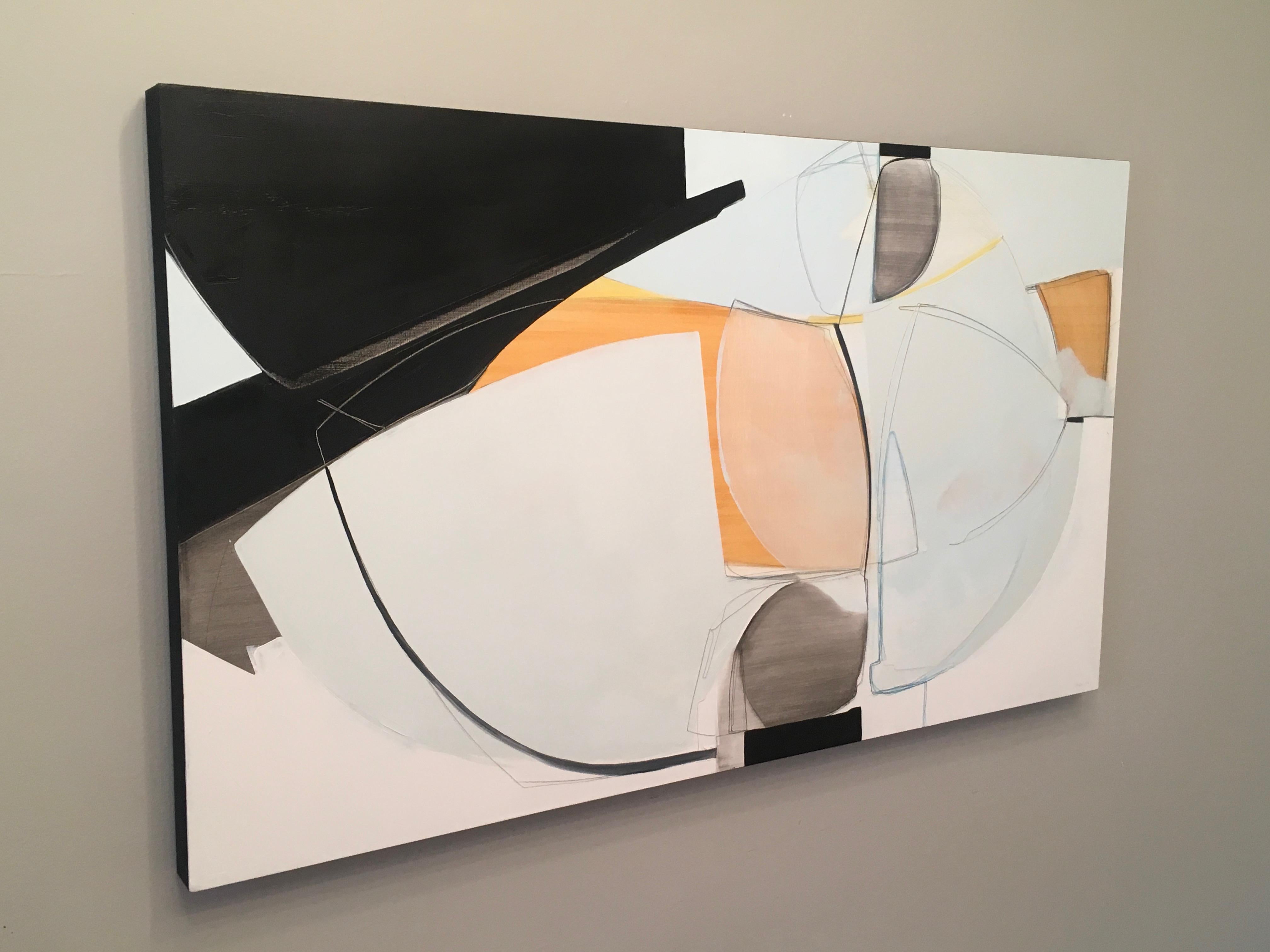 Two Aloof by Rose Umerlik is an abstract painting, Oil and Graphite on wood panel, 28 x 48 x 1.5.  The edges are covered with a linen tape and most clients do not frame the artwork.

Rose Umerlik extracts the intangible emotional moments that live