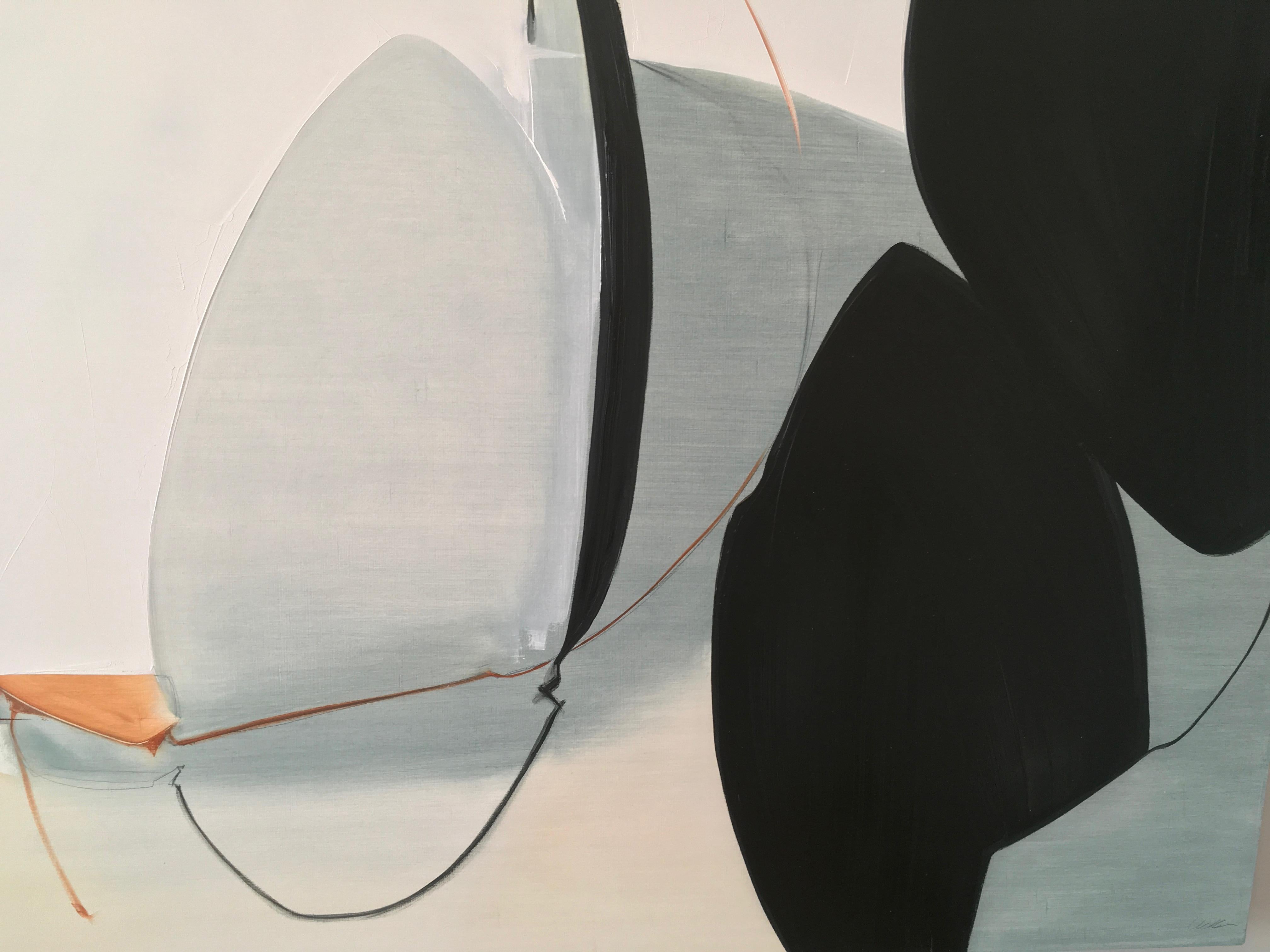 Undeterred by Rose Umerlik is an abstract painting, Oil and Graphite on wood panel, 30x60.

According to Umerlik: “This piece is about facing challenges as a couple or family. There are two strong black oval forms off to the side that represent a