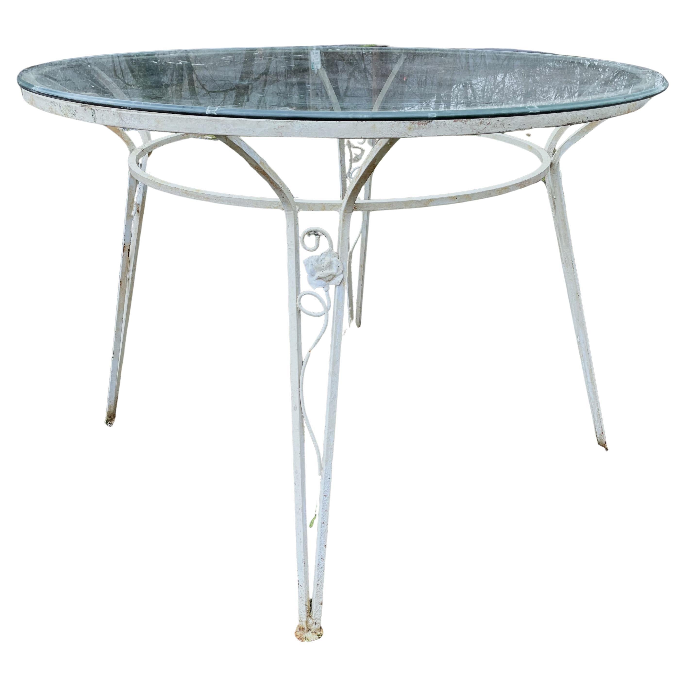 Rose & Vine Pattern Wrought Iron Round Glass Top Dining Table Salterini Style  For Sale