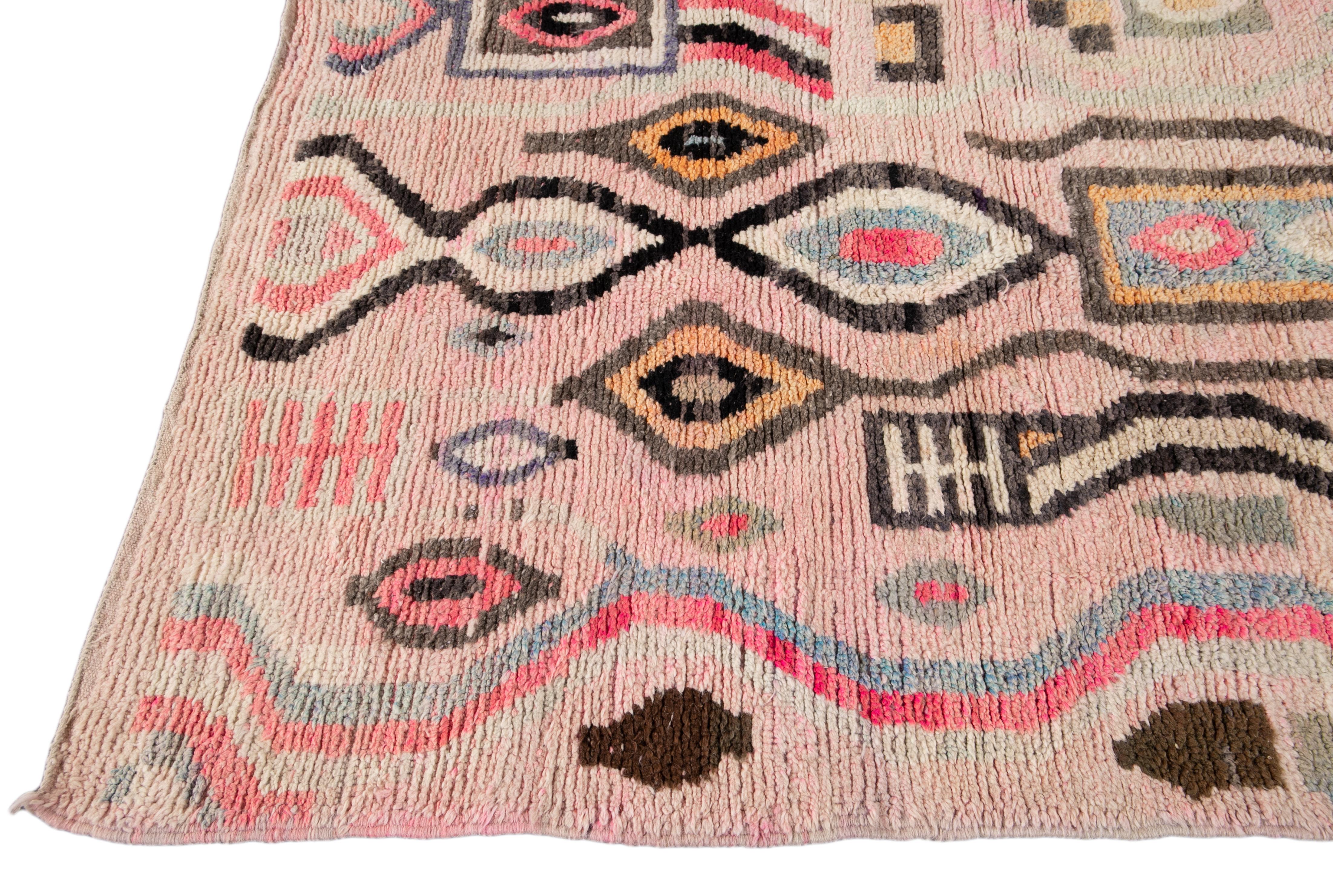 Hand-Knotted Rose Vintage Azilal Moroccan Handmade Wool Rug For Sale