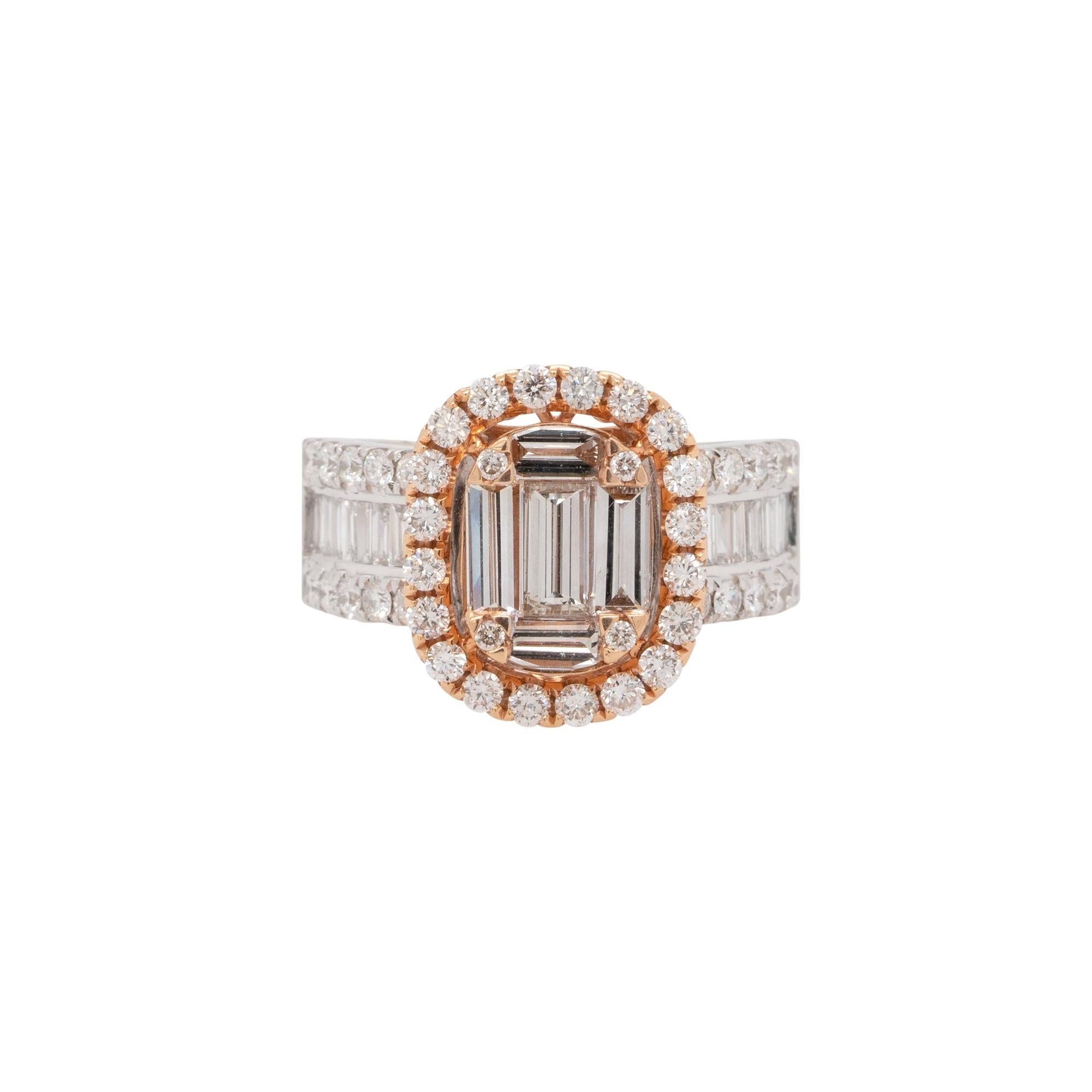 18K Rose/White Gold 2.64ctw Halo Engagement Ring

Material	18k white/ rose gold
Diamond Details	Approximately 2.64ctw round/baguettediamond. Diamonds are G/H in color and VS in clarity.
Item Weight	12.1g (7.8dwt)
Ring Measurements	sz 7 22mm x 15mm x