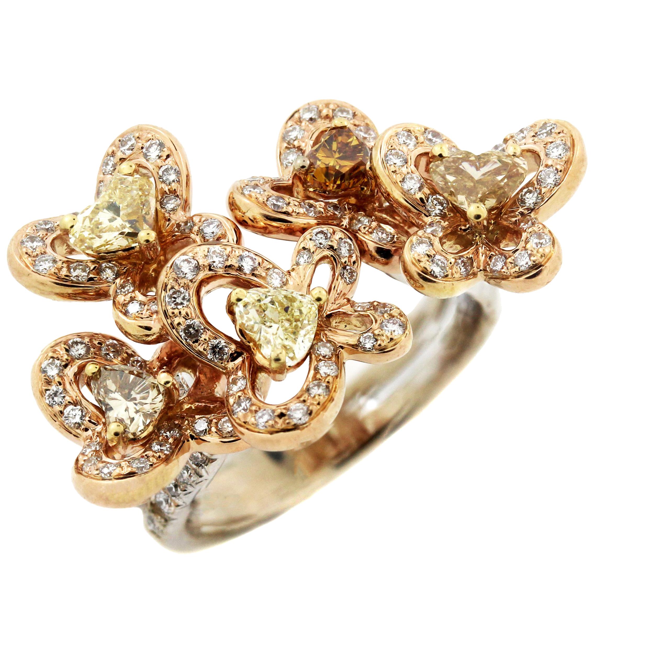Rose White Gold Floral and Butterfly Ring with Heart Shape Diamonds