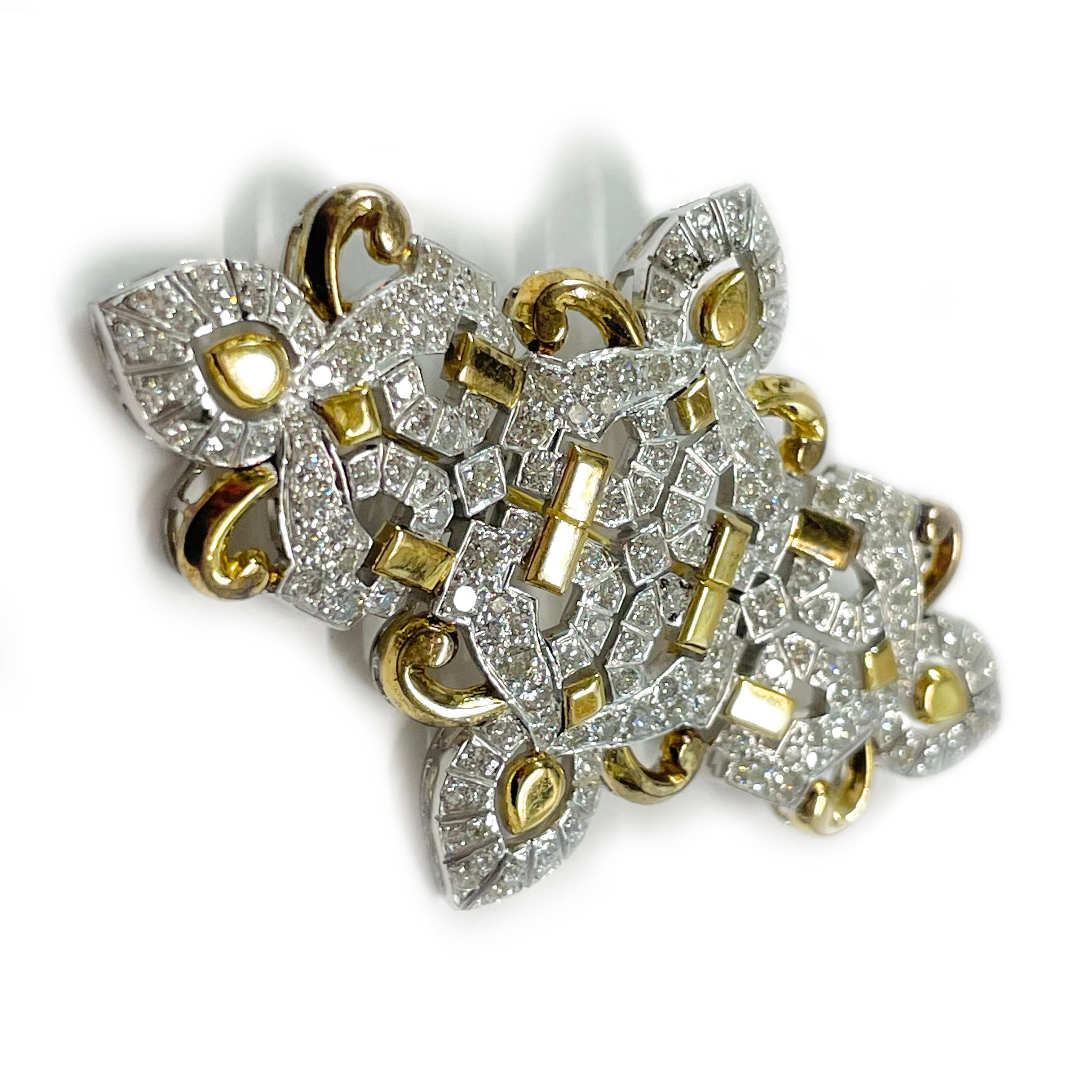 This stunning brooch is crafted in 14-karat rose and white gold, featuring an intricate design of rose gold geometric shapes and scrolls beautifully accented by round diamonds set in white gold for a striking contrast. The piece is adorned with 171